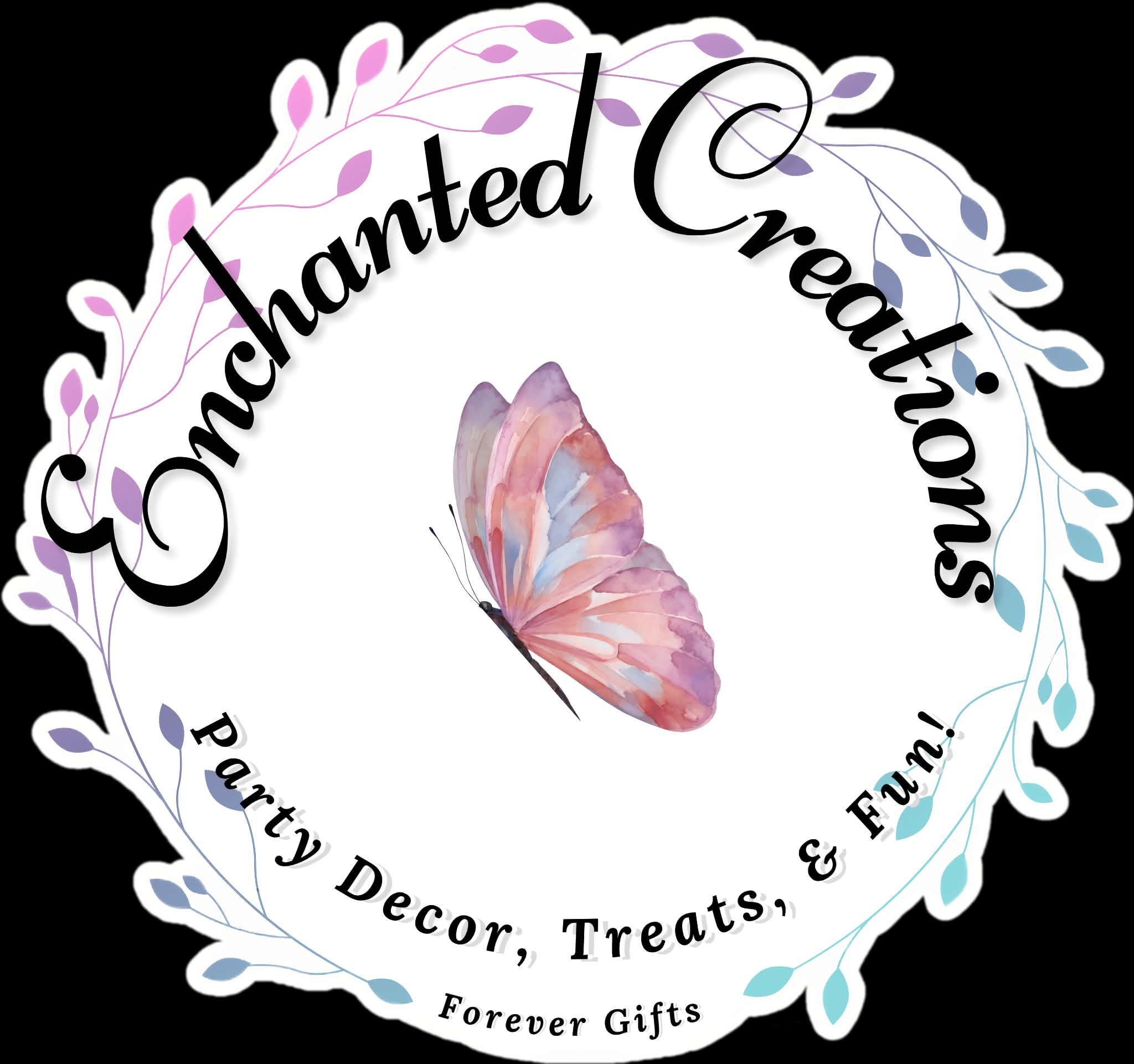 A decorative circle with a black background, featuring a pink and purple flower and lavender and blue leaves. The circle contains the text: 'Thanked C...-' and mentions 'Forever Gifts' and 'Deco, Treats'.