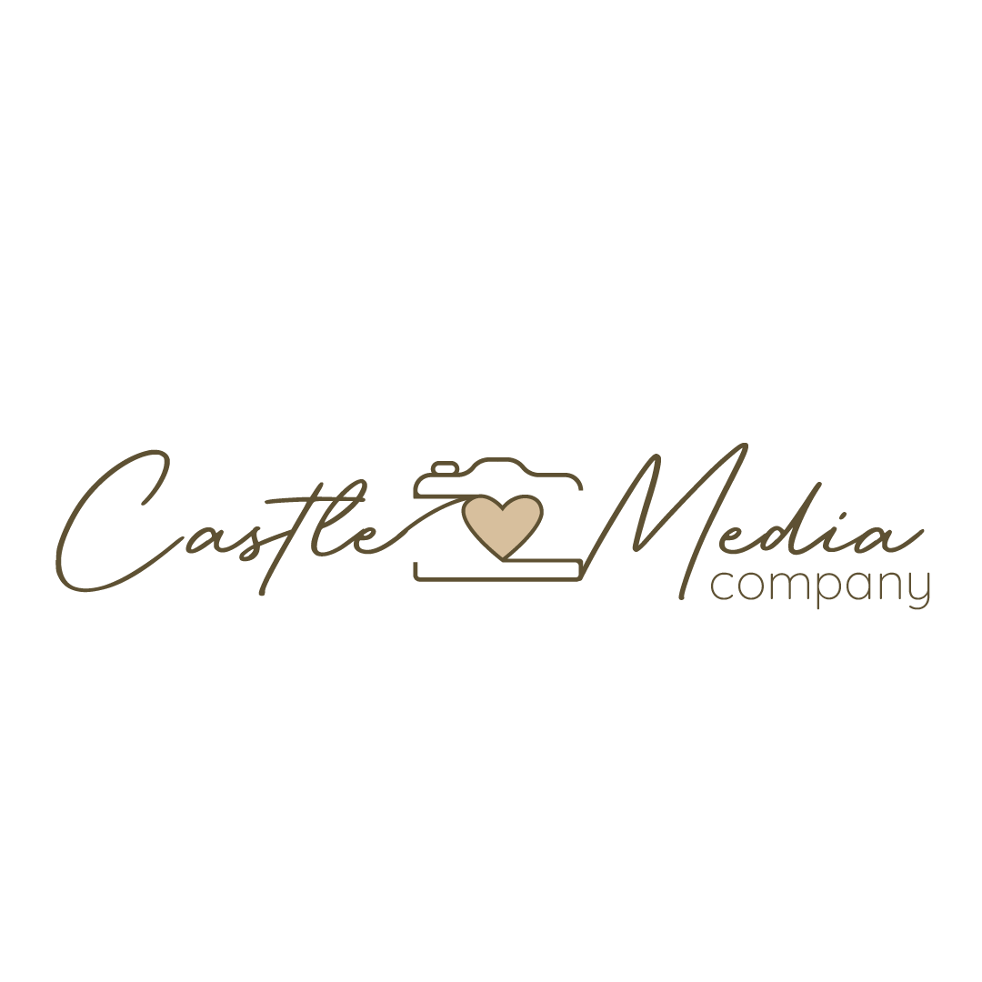 Logo for Castle Media Company featuring handwritten script text with a camera icon in the center, incorporating a heart shape.