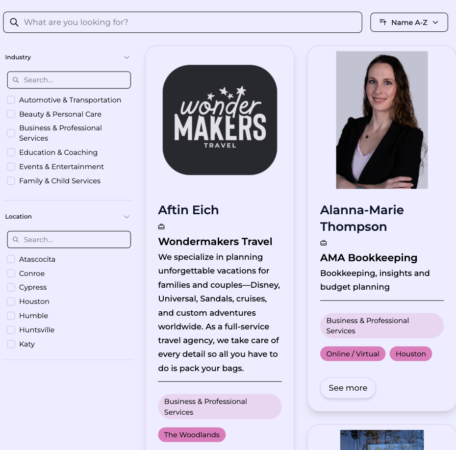 Screenshot of a professional directory webpage showing two profiles: Afti Eich from Wondermakers Travel and Alanna-Marie Thompson from AMA Bookkeeping, with search filters on the left.