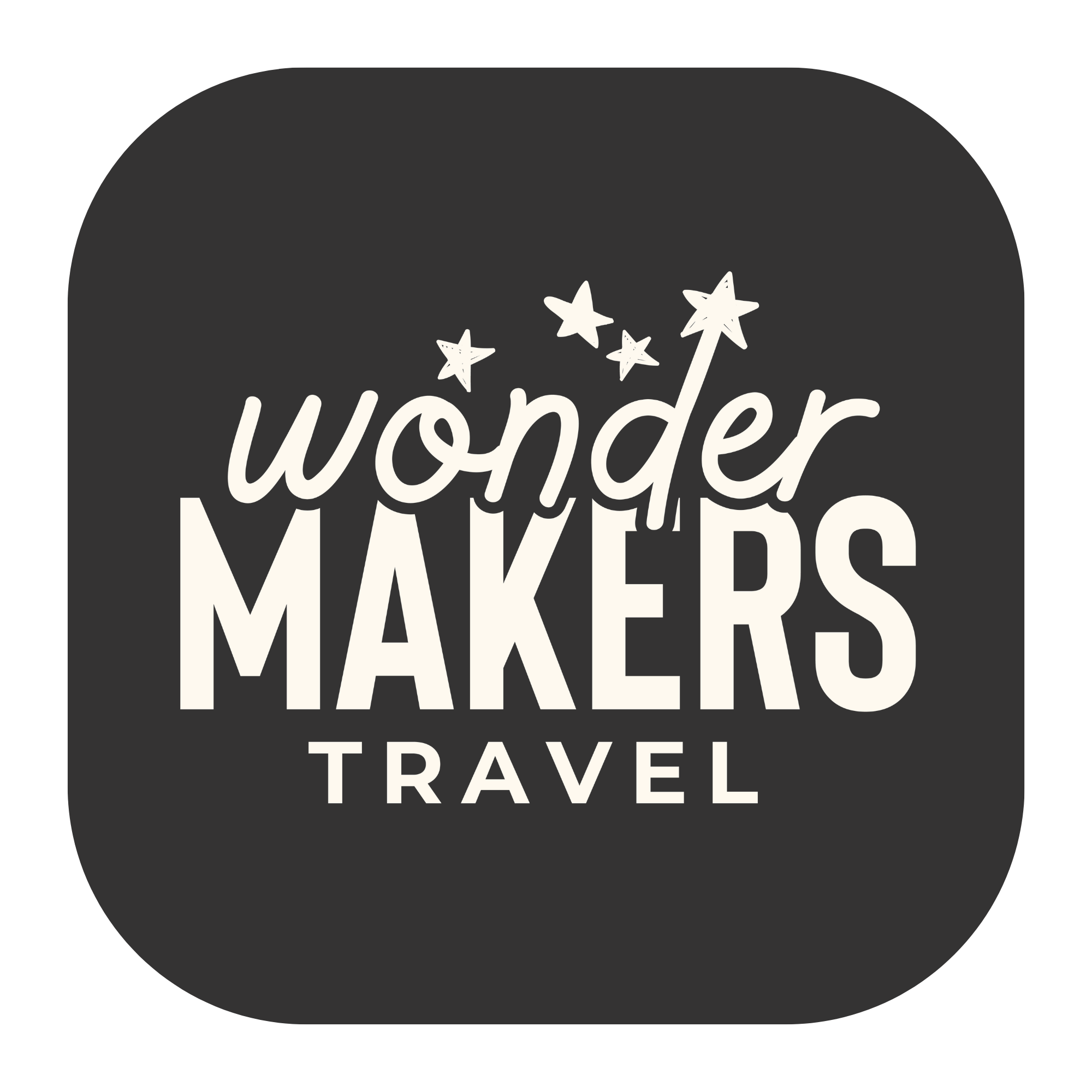 White text on black background that reads 'Wonder Makers Travel' with stars and a magic wand illustration.