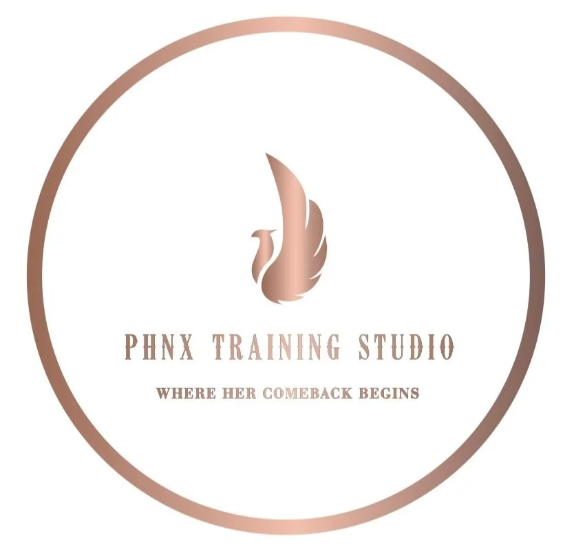 Logo for PHNX Training Studio featuring a stylized phoenix with gold color, enclosed in a gold circle, with the tagline 'Where Her Comeback Begins'.