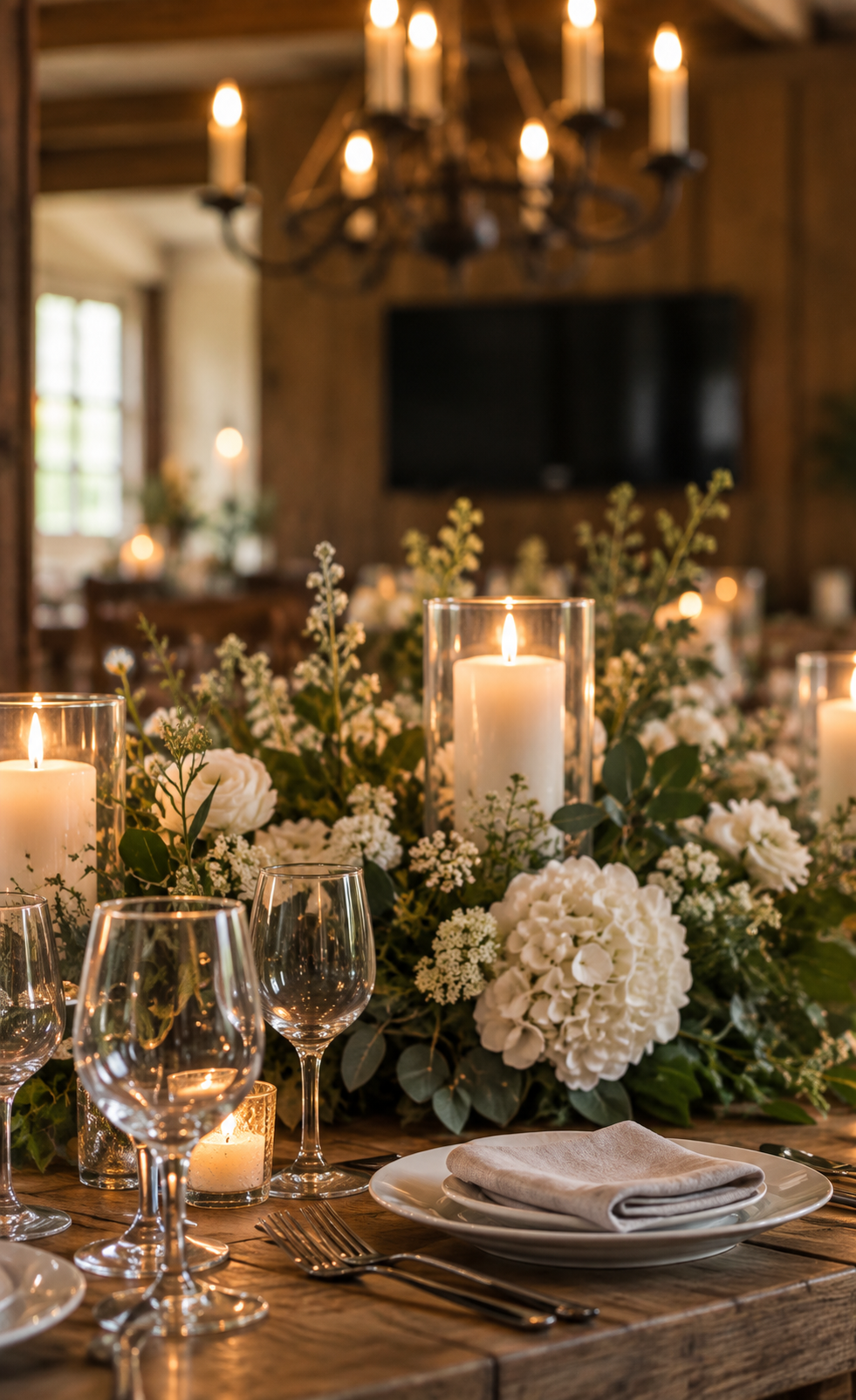 A table decorated with white candles and flowers, set for a formal event, with wine glasses, plates, and napkins in a warmly lit room.