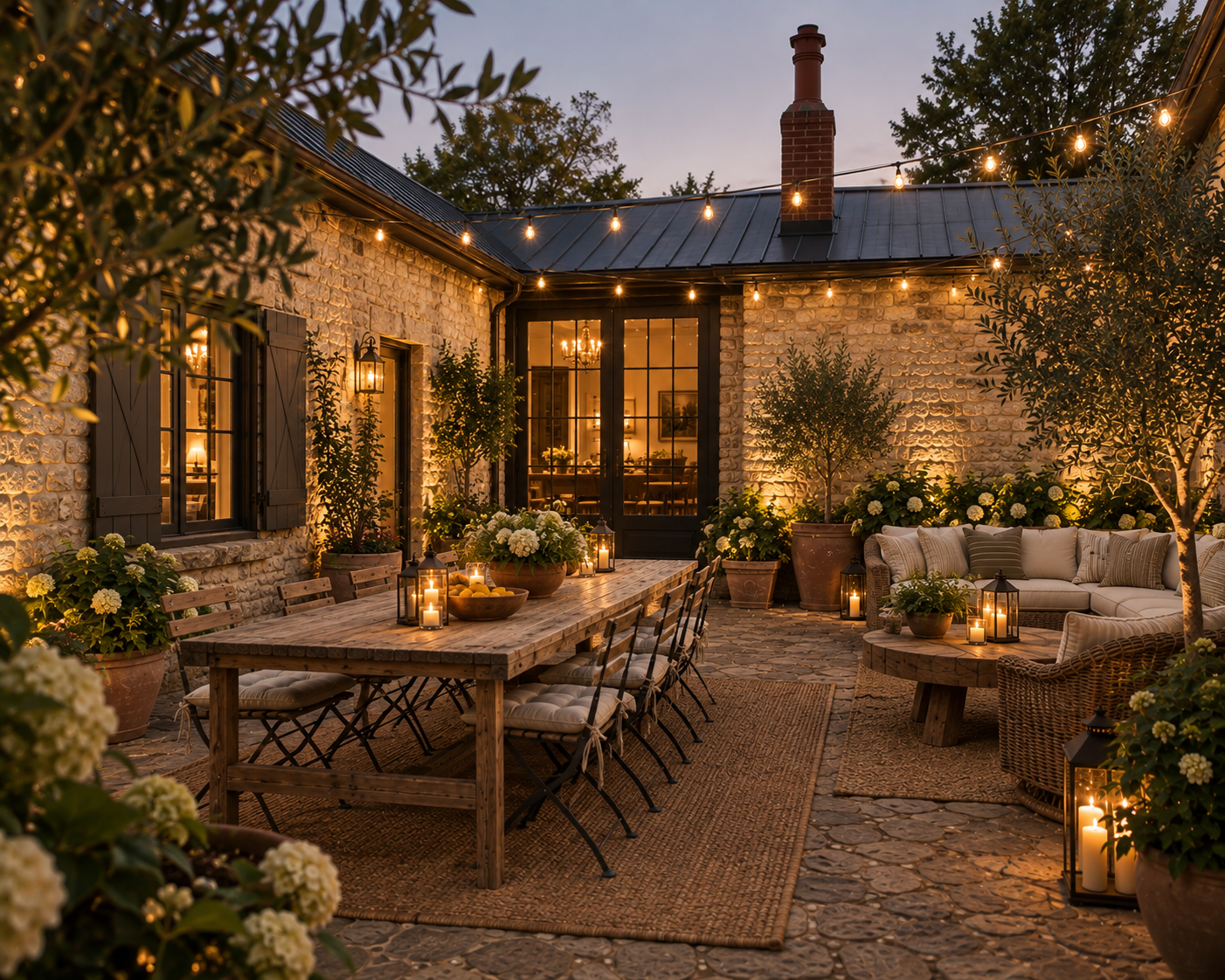 Outdoor patio with string lights, candles, potted plants, and a large wooden dining table, creating a cozy evening ambiance.