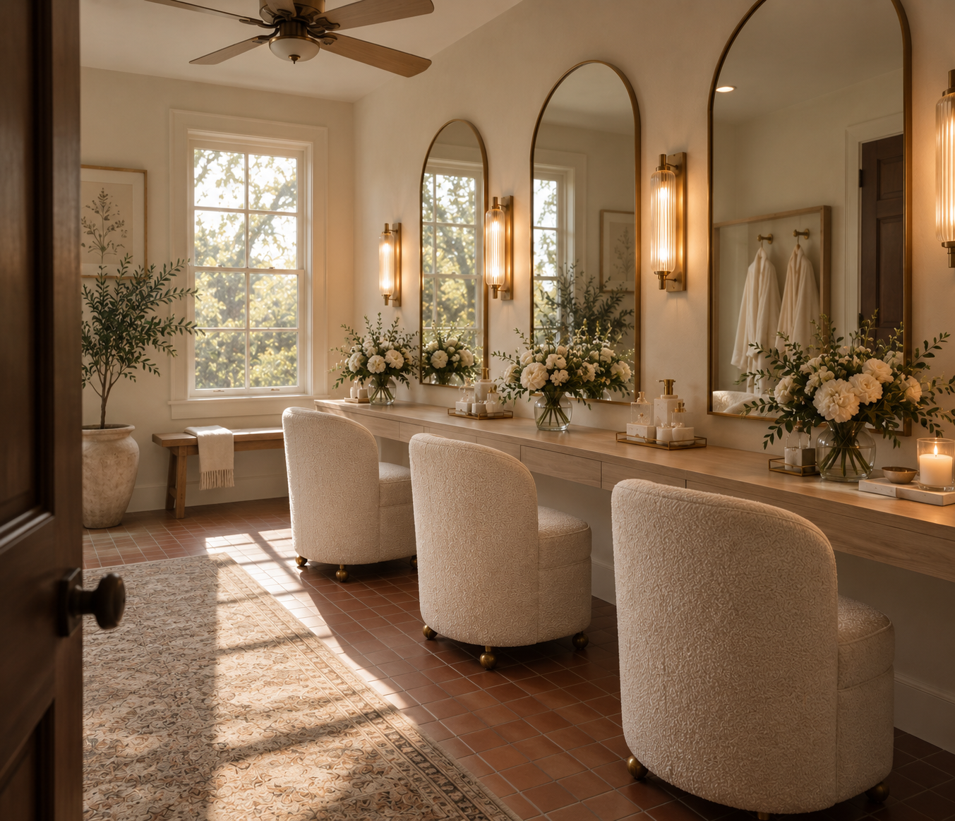 Bathroom vanity area with three mirrors, built-in lighting, floral arrangements, and upholstered chairs, illuminated by natural light from a window.