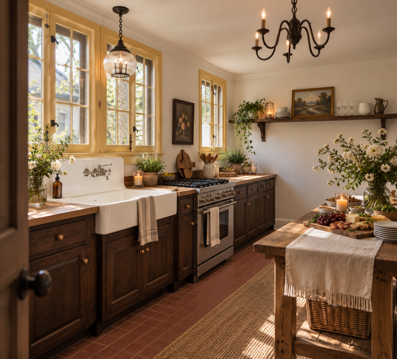 A cozy farmhouse kitchen with wooden cabinets, a white farmhouse sink, windows above, a stainless steel stove, a wooden dining table with a cloth, candles, flowers, and a basket, all decorated in a rustic style.