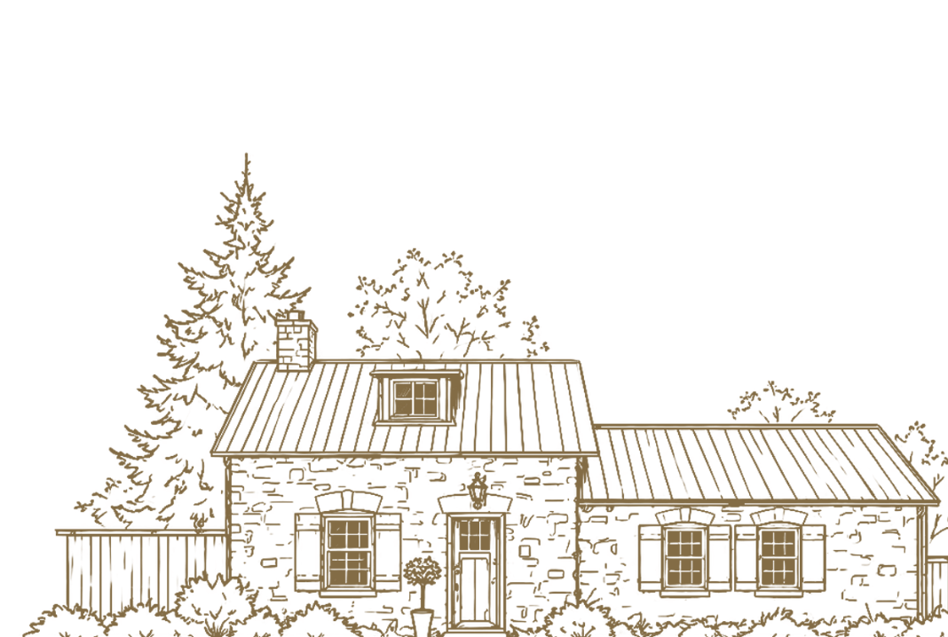 Illustration of a rustic house with a slanted roof, surrounded by trees, on a black background.
