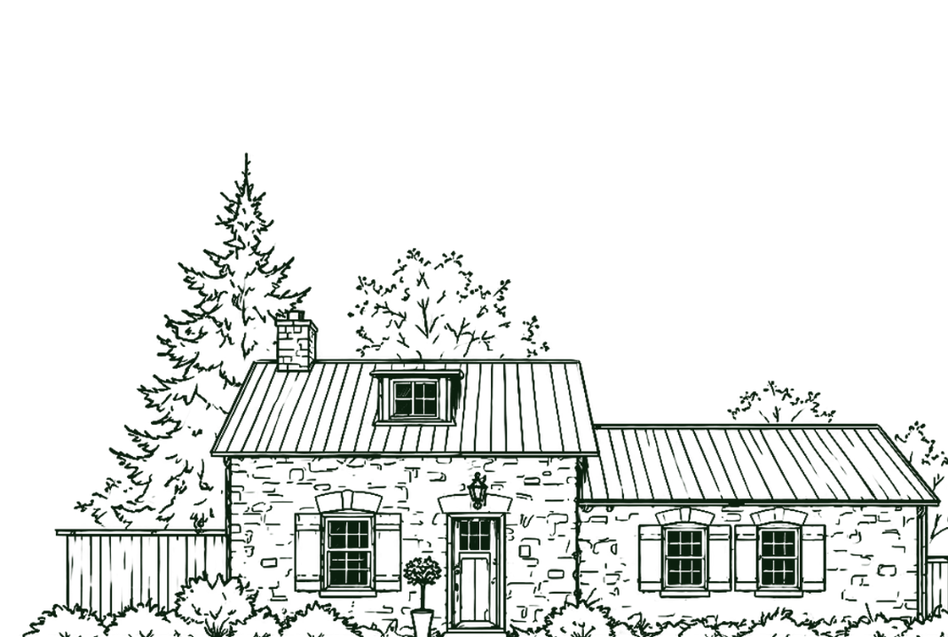 Line drawing of a stone house with a chimney, surrounded by trees and plants, with a fence on the left side.