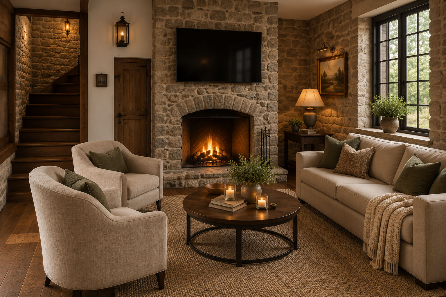 Cozy living room with stone fireplace, beige couch, armchair, dark wood coffee table with candles and plant, large window with black frames, and staircase to the left.
