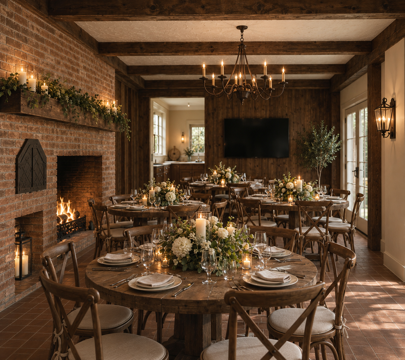 A rustic banquet hall decorated for a wedding, with round wooden tables set with white plates, silverware, wine glasses, candles, and floral centerpieces, a brick fireplace with a fire, and ample natural light from large windows and glass doors.