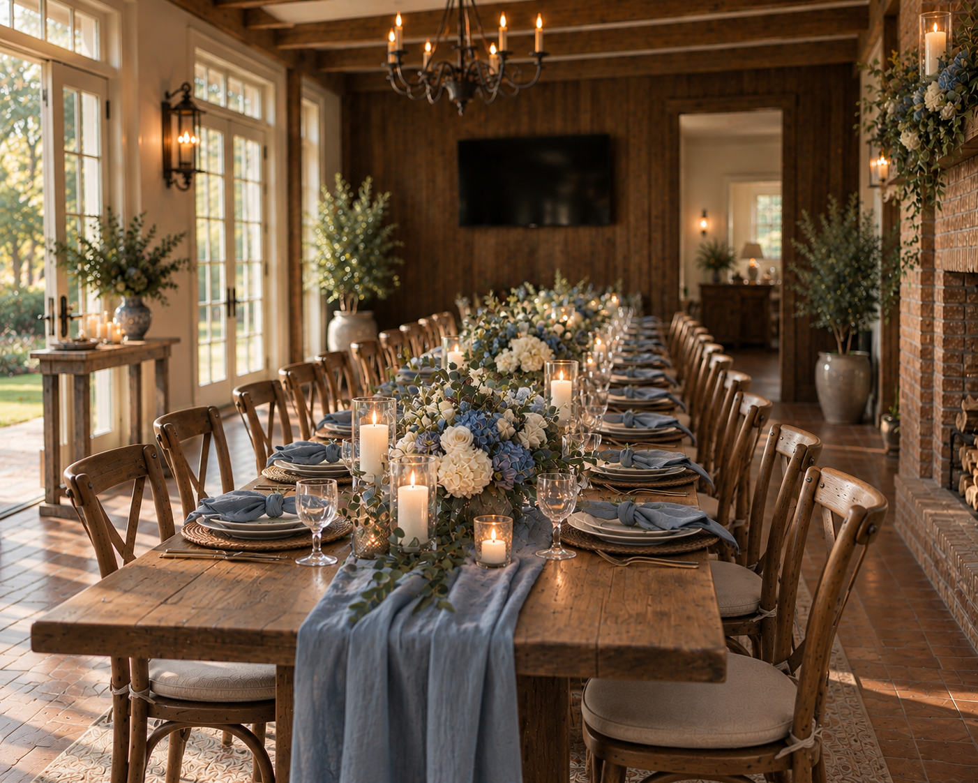 A long wooden dining table set for a special occasion with a floral centerpiece, candles, and tableware, in a rustic room with large windows and brick walls.