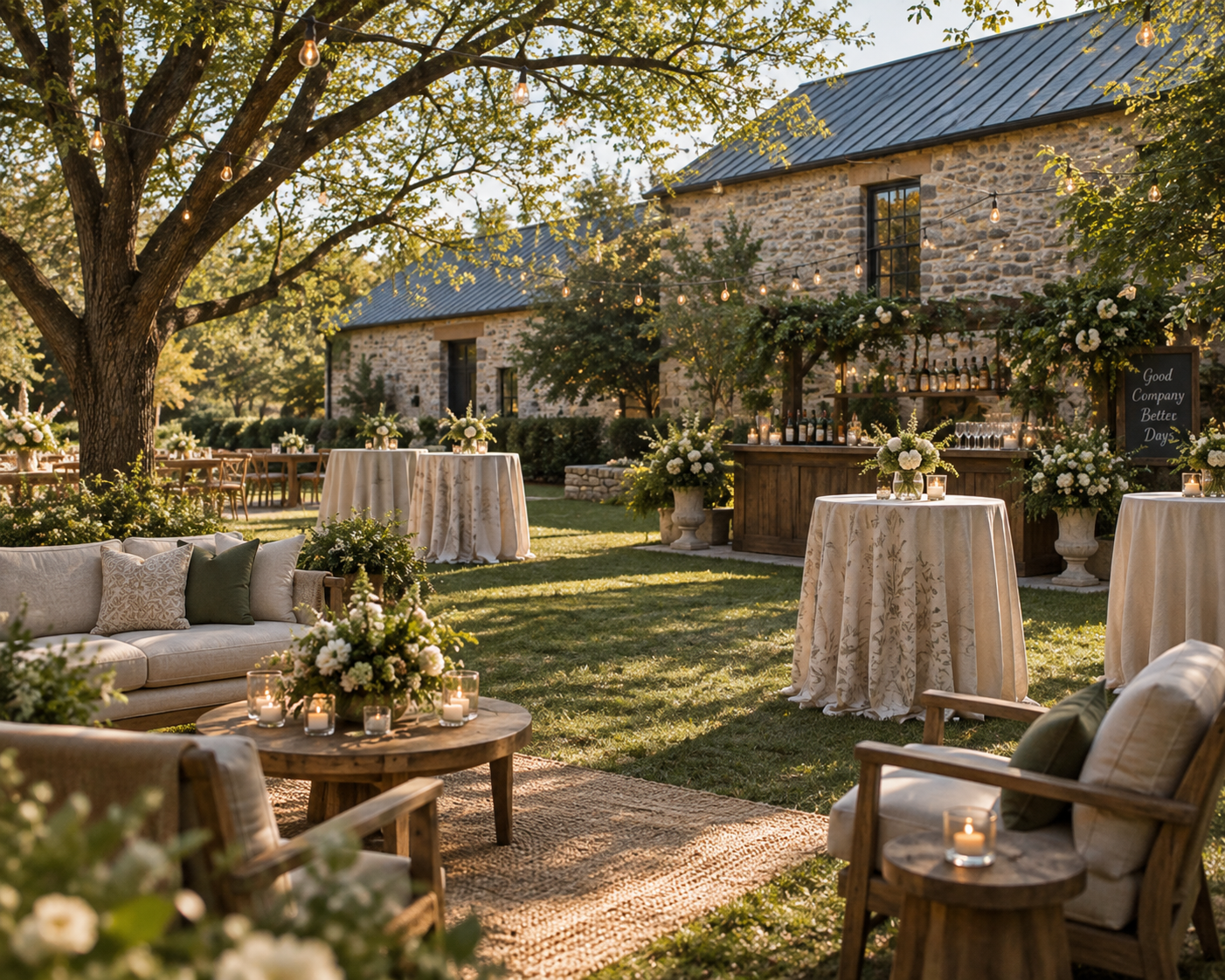 Outdoor party setup with trees, string lights, tables with floral centerpieces and candles, a stone building in the background, and a bar area decorated with flowers and greenery.