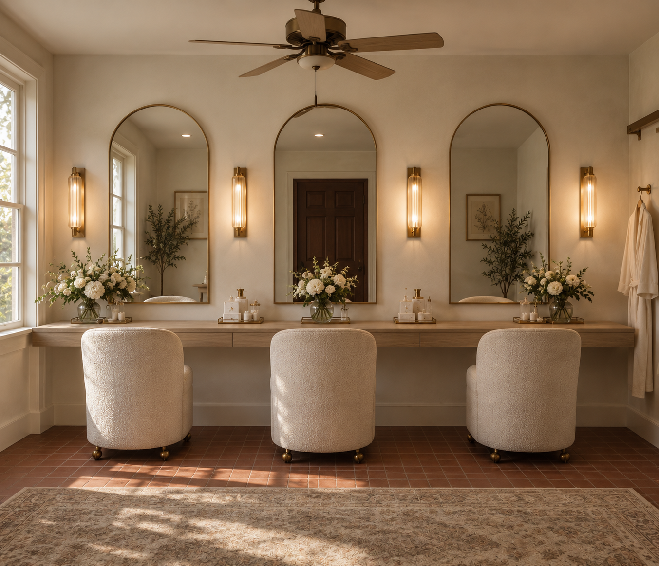 A vanity area with three beige upholstered chairs in front of a wooden countertop. Three large arched mirrors are mounted on the wall, flanked by four vertical wall sconces. The countertop has floral arrangements with white flowers, candles, and decorative bottles. The room has natural light coming through a window on the left, and a beige rug on the floor.