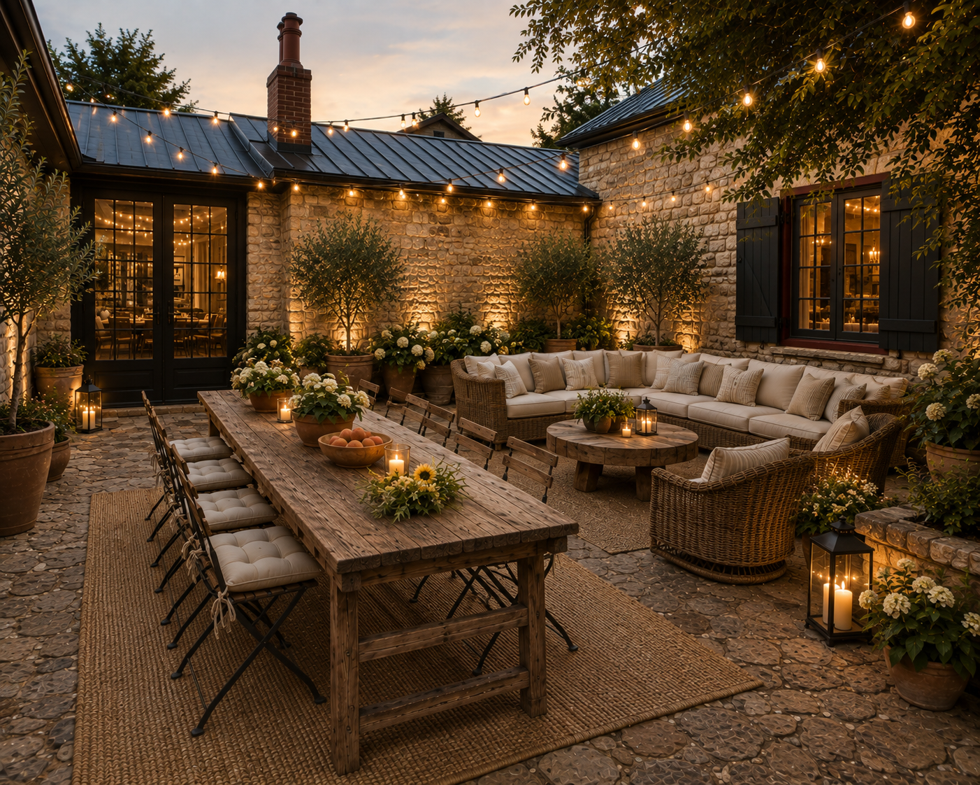 A cozy outdoor patio at dusk with string lights, potted plants, a long wooden dining table with candles and flowers, and a large sectional sofa with cushions, all surrounded by a brick wall and stone pavement.