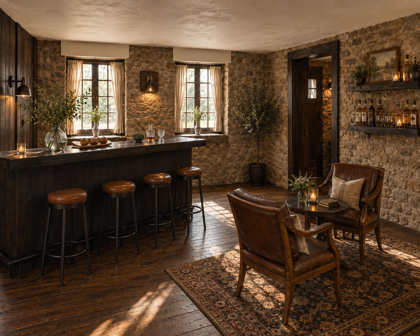 Cozy rustic interior with stone walls, wooden floors, bar area with stools, and seating area with armchairs, table, and candles.