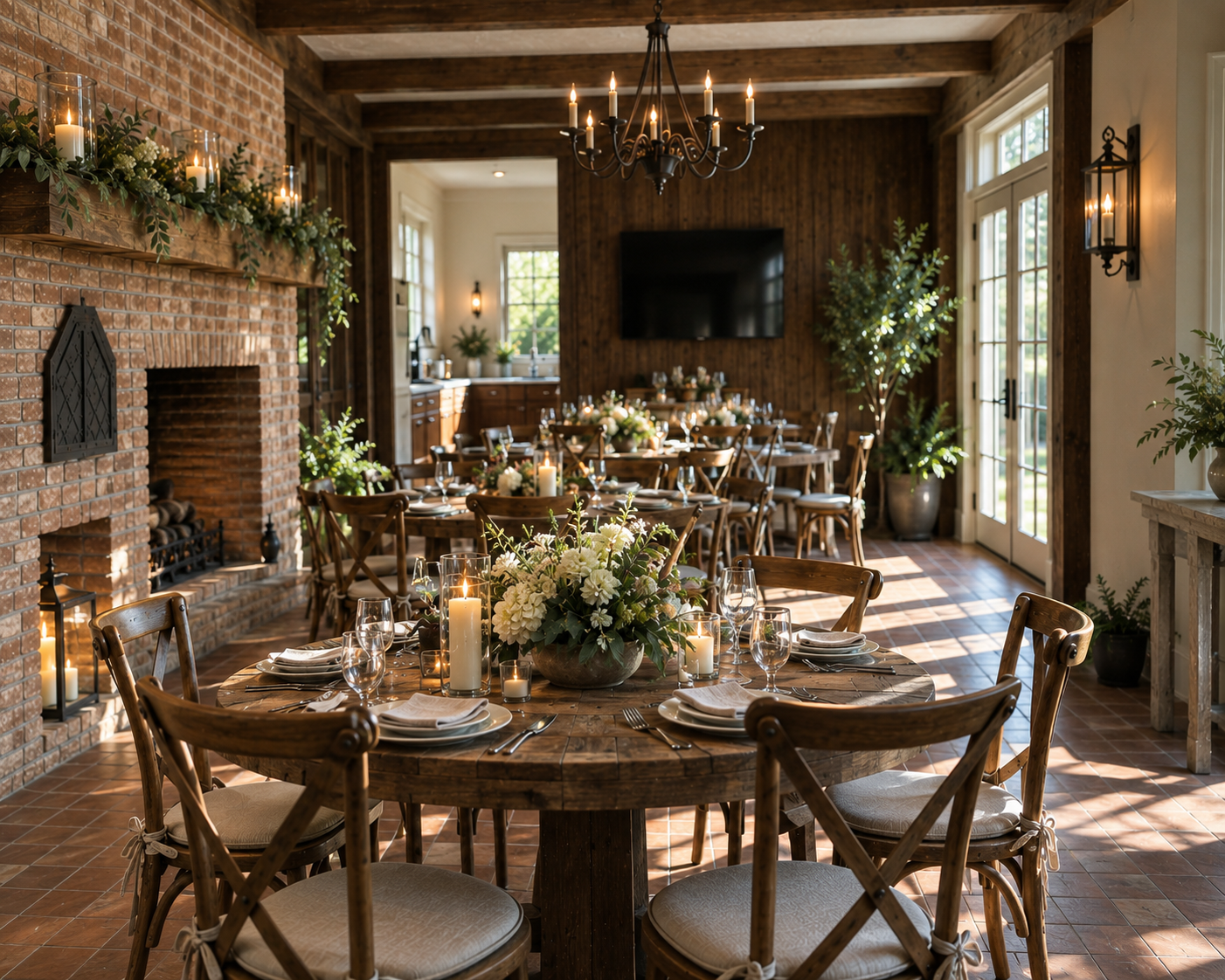 Interior of a rustic dining room set for an event, with wooden tables and chairs, candles, floral centerpieces, a brick fireplace, large potted plants, and sunlight streaming through glass doors.