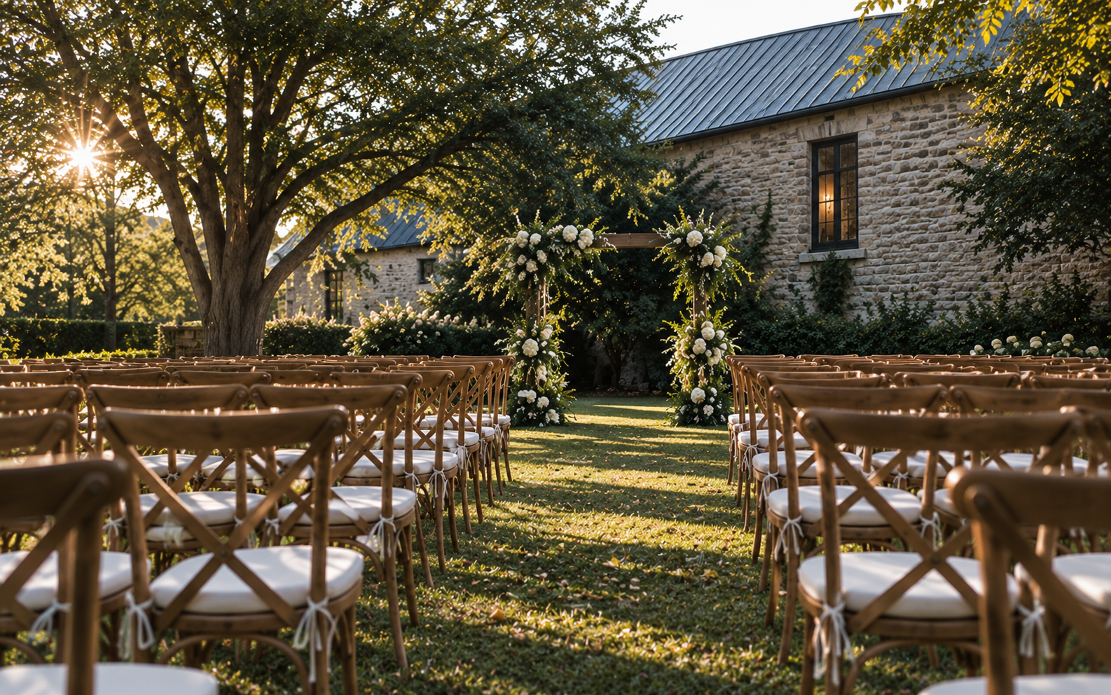 Outdoor wedding ceremony setup with rows of chairs, floral arch, and a large tree with sunlight shining through.