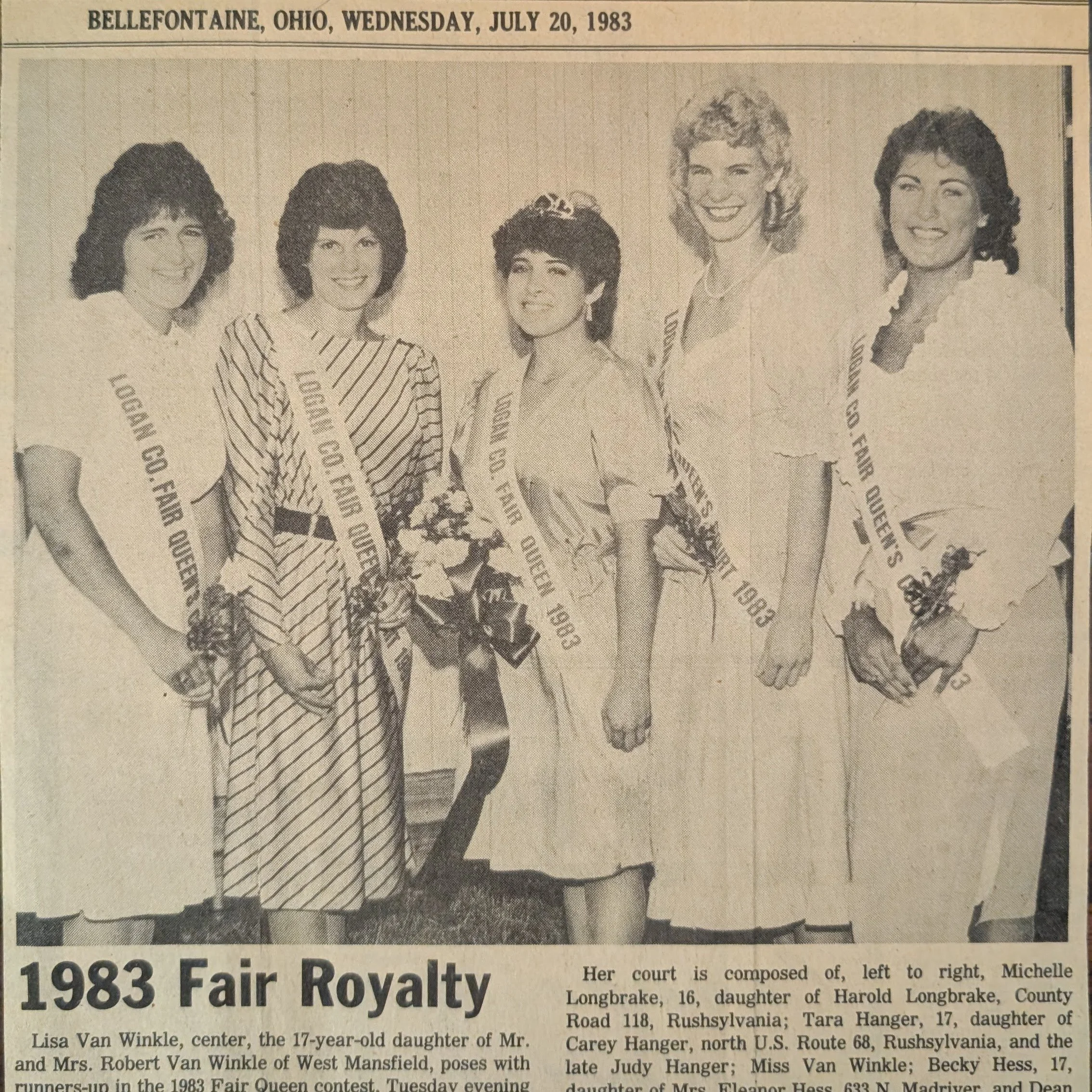 A newspaper page from July 20, 1983, showing a black-and-white photograph of five women standing together, wearing sashes and smiling, at a pageant or similar event in Bellefontaine, Ohio.