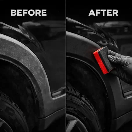 Comparison of a car's wheel arch area showing a dirty, scratched surface in the 'Before' image and a clean, polished surface with a hand holding a red and black polishing tool in the 'After' image.