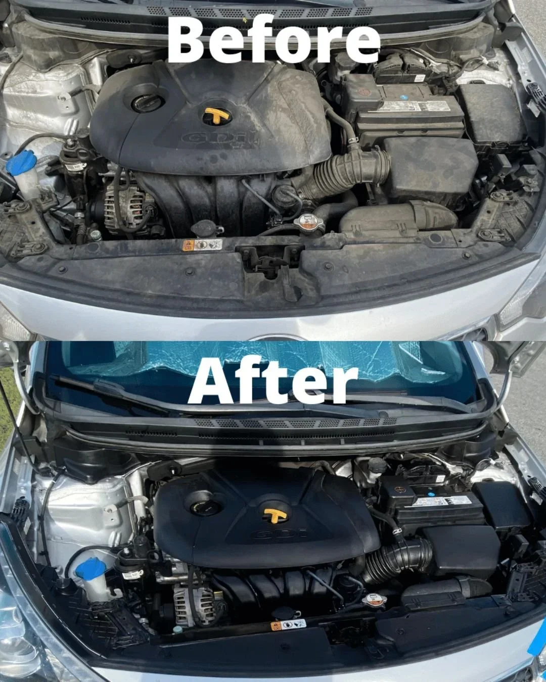 Comparison of a car engine compartment before and after cleaning, showing a significantly cleaner engine with a new black engine cover in the after photo.