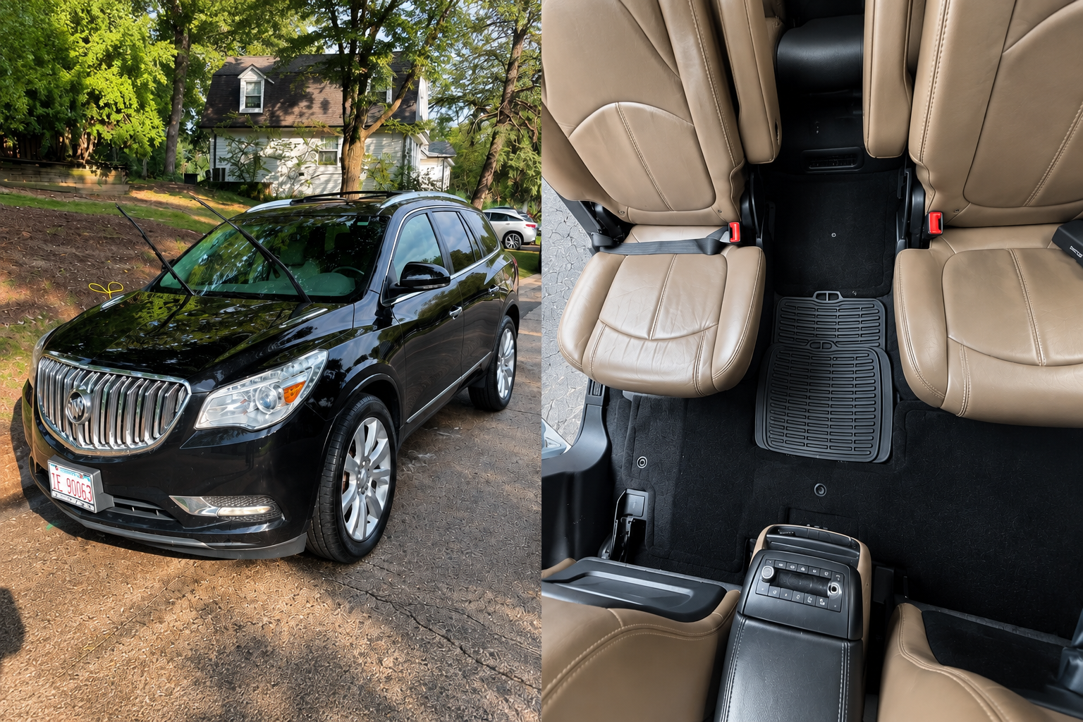 A black SUV parked outside on a driveway with trees and a house in the background; interior of the SUV showing tan leather seats, a center console, and floor mats.