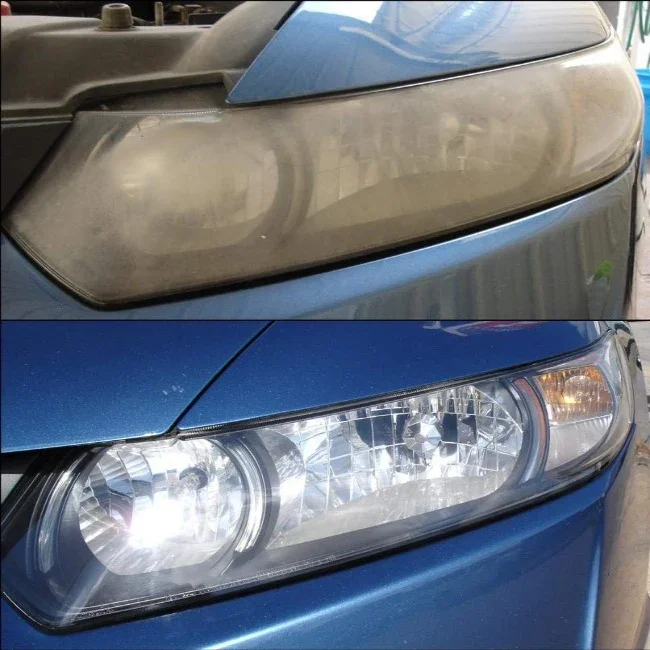Comparison of a car headlight before and after cleaning: top shows a dirty, foggy headlight, bottom shows a clean, clear headlight.