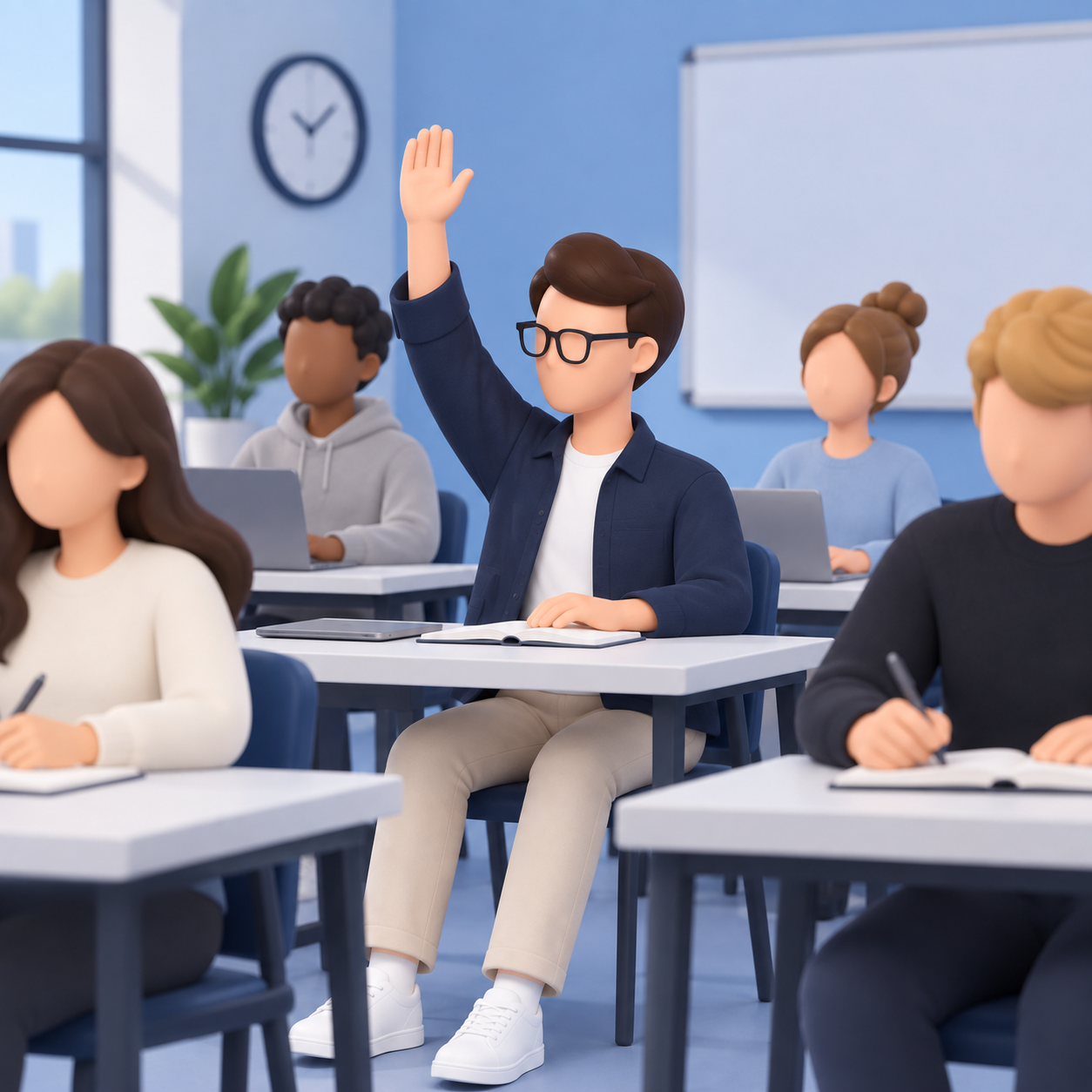 A classroom with students at desks; one student raising hand, wearing glasses and casual clothing.