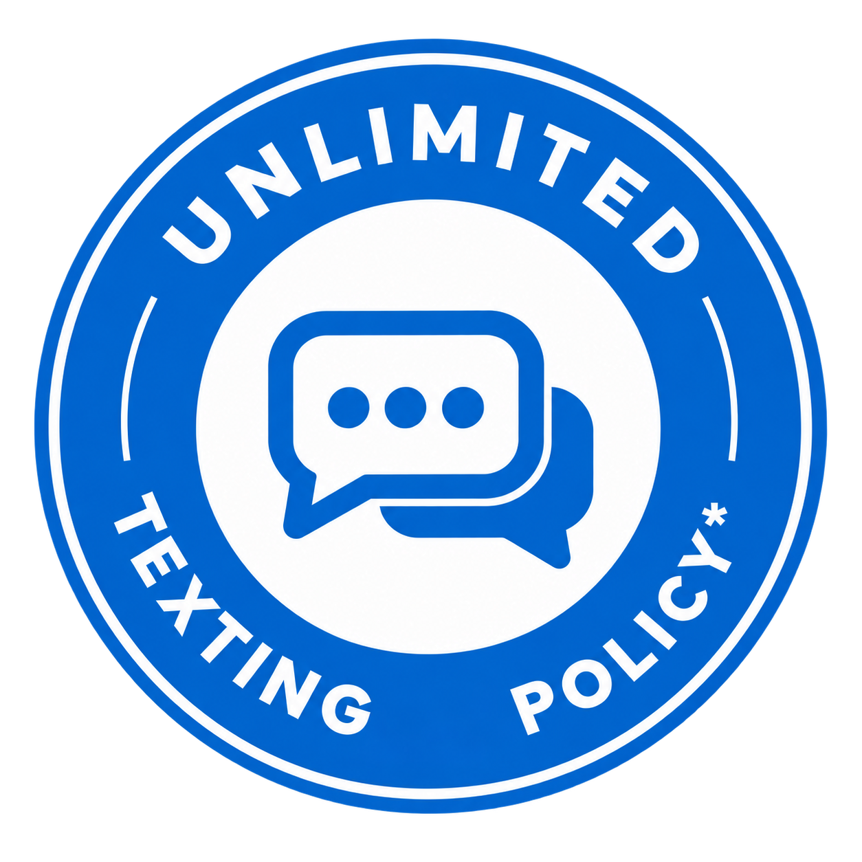 Blue circular badge with white border, text 'UNLIMITED TEXTING POLICY' around a chat bubble icon with three dots inside.