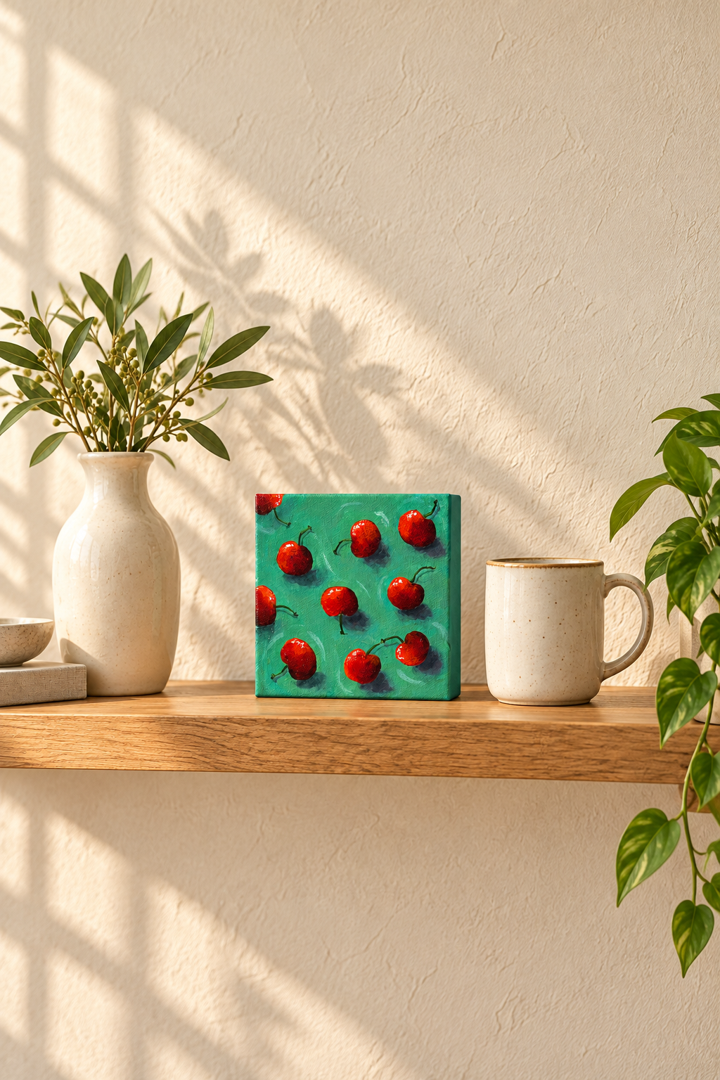 Cherries on Turquoise Background - 5 x 5 Original Acrylic Painting