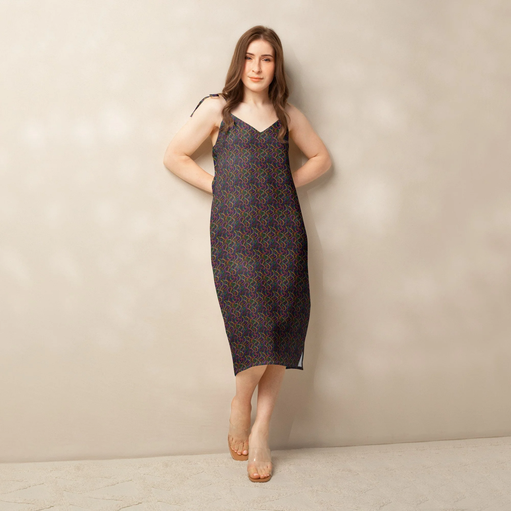 Tie-strap midi dress-colorful swirls