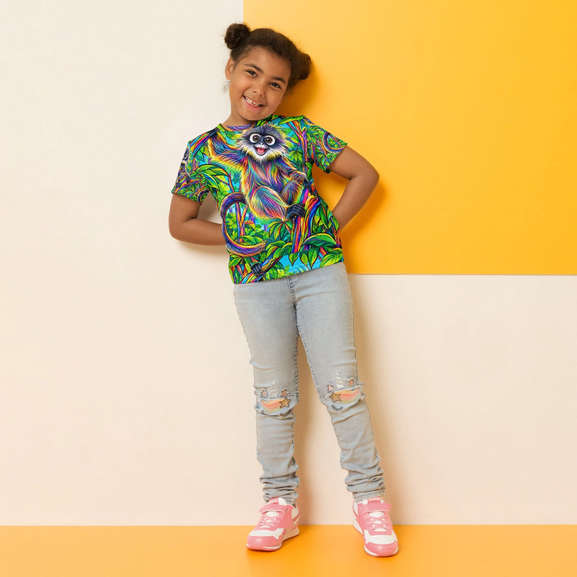 All-Over Print Kids Crew Neck -T-Shirt Dusty Leaf Monkey