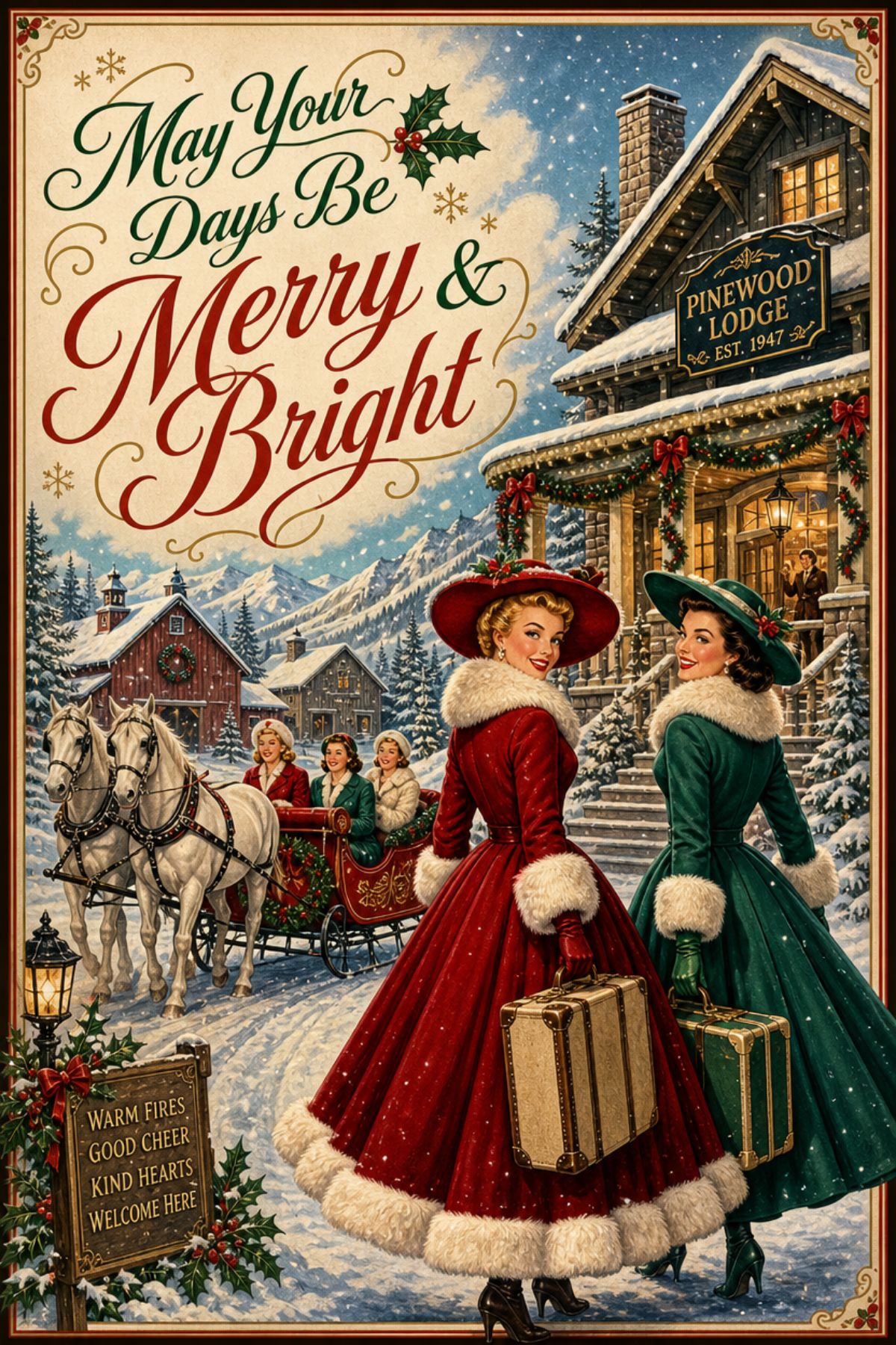 Vintage Christmas scene with two women in elegant red and green dresses with fur trim, carrying suitcases, standing in front of a snowy lodge. A horse-drawn sleigh with three women in holiday attire is nearby, and snow-covered houses and mountains are in the background. Holiday decorations and lights adorn the scene.