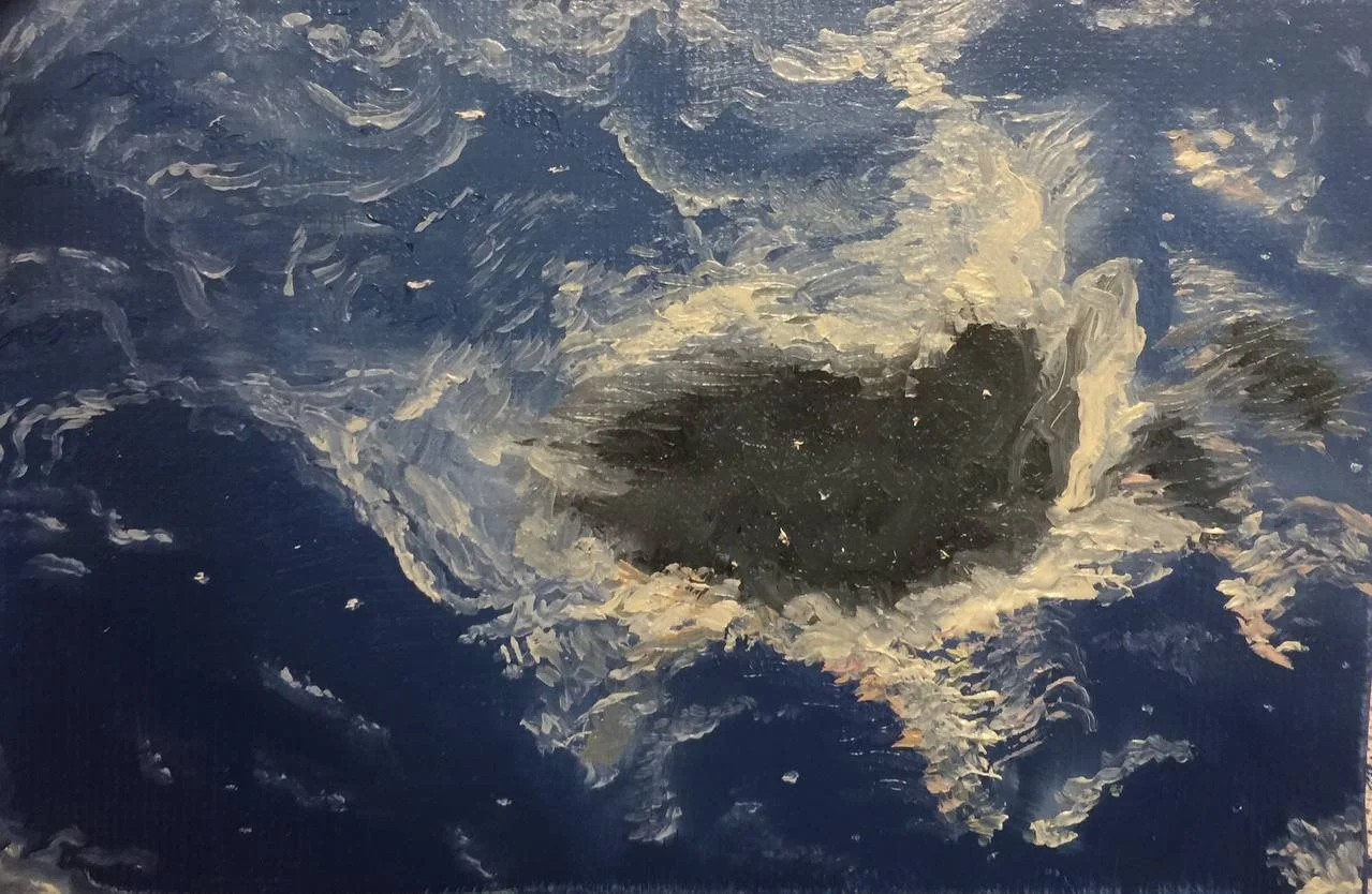 “A reflection of a black cloud covering the sun in the river,” by Alina Khalitova, 2019, 40×50 cm, oil on canvas