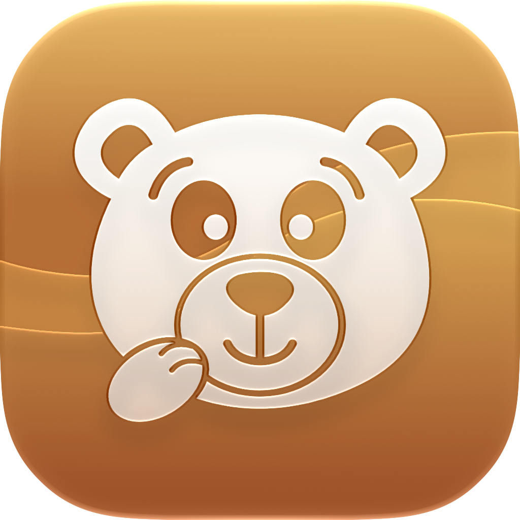 a white glyph of a cartoon bear head over a gradient amber background