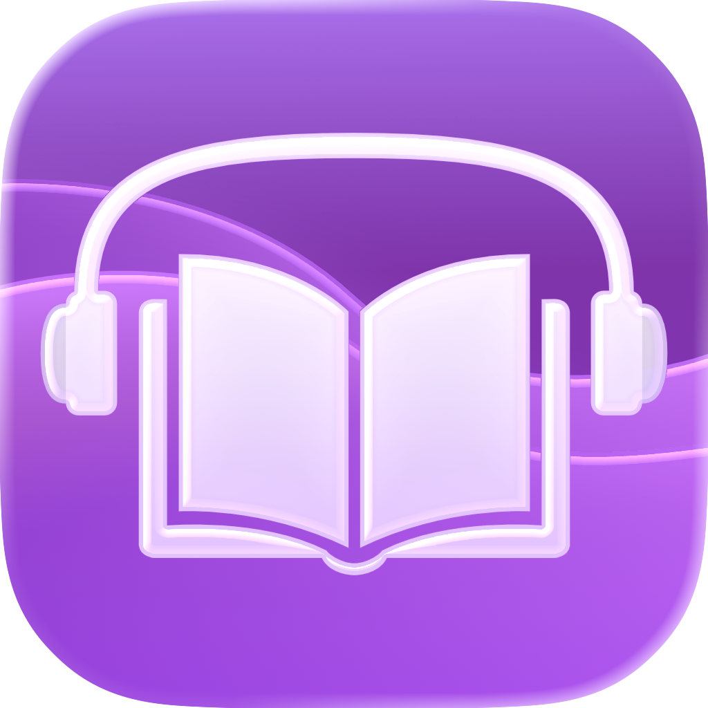 a white glyph of an open book, with headphones on, over a gradient purple background