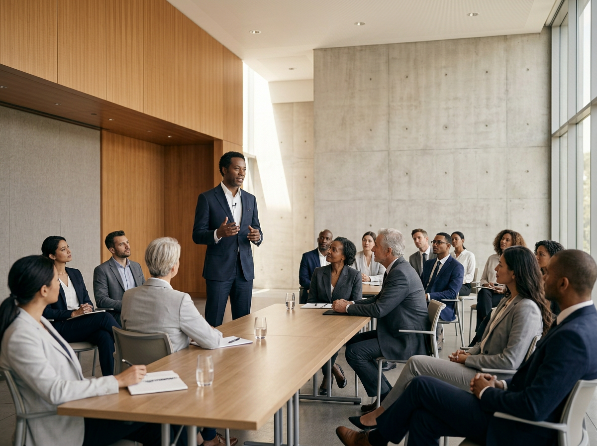 A man in a dark suit standing and speaking to a group of diverse professionals seated around a large conference table in a modern, well-lit office space.
