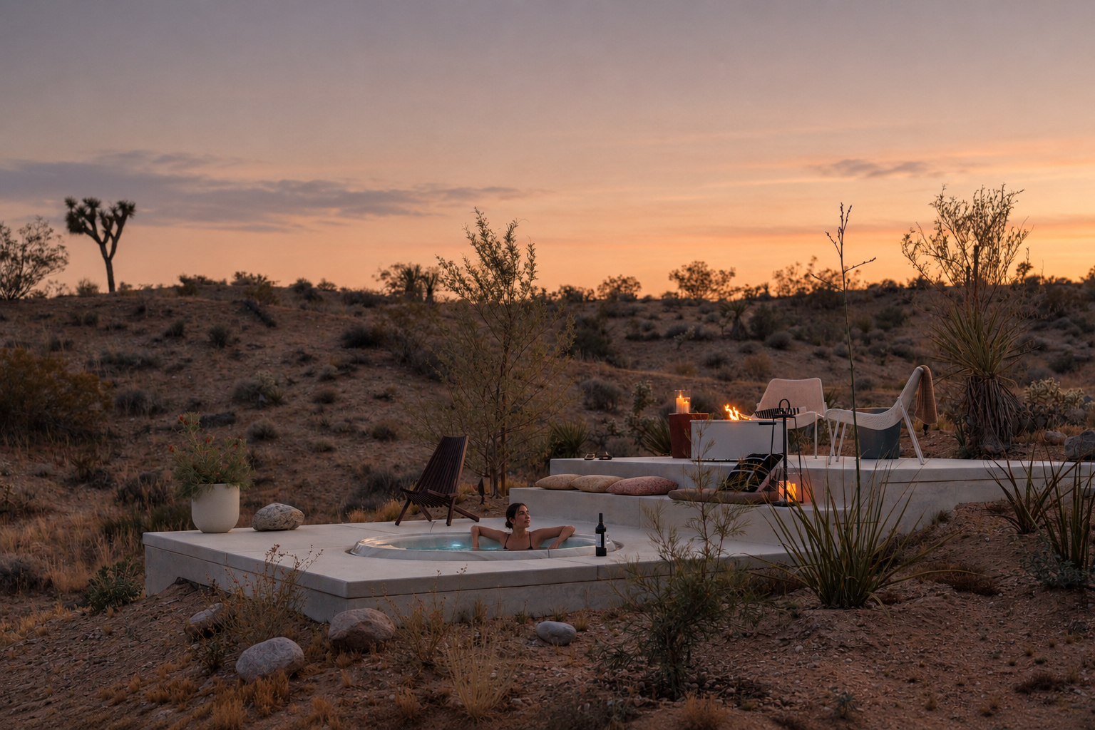 Sunken Bullfrog spa at Panorama House at sunset, with Emu lounge chairs and an illuminated Adara fire table on a private deck surrounded by Joshua trees and Mojave Desert vegetation.