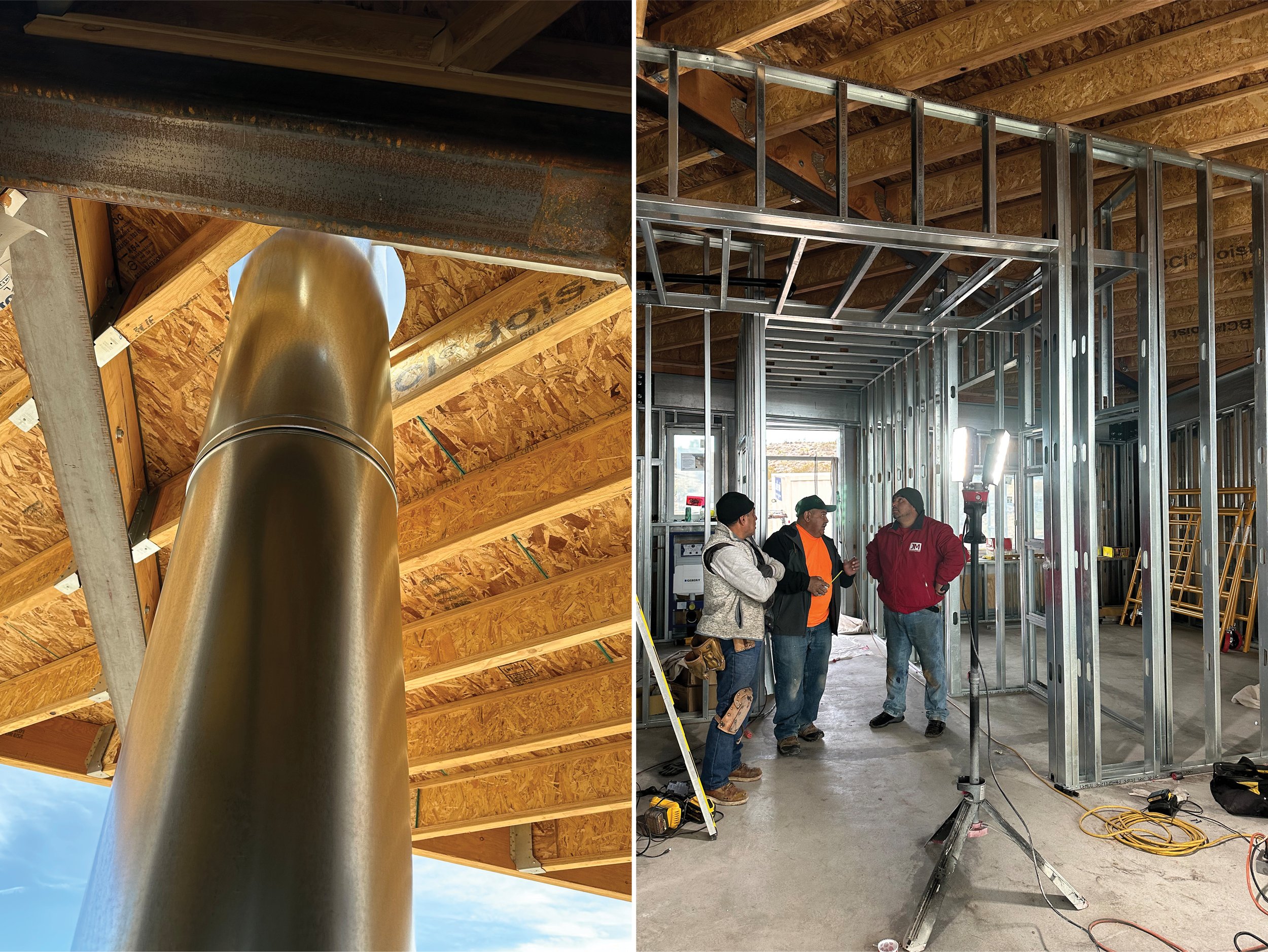 Construction details at Panorama House showing a custom metal column connection beneath the exposed roof framing and members of the building crew gathered inside the unfinished steel-framed interior.