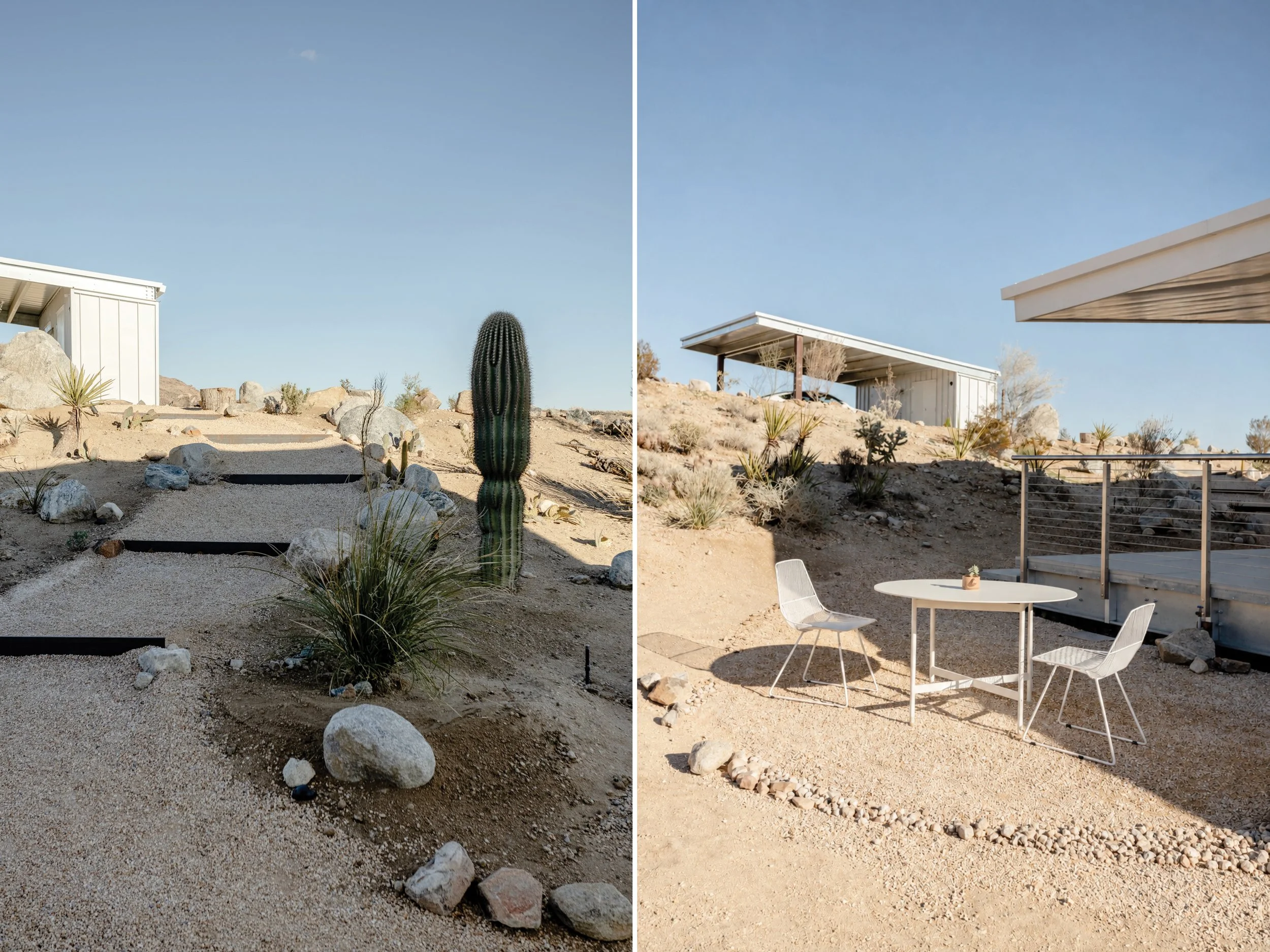 Desert landscaping with cacti, native plants, and stone pathways beside an outdoor dining area at Panorama House, featuring a Sommer dining table and Bend Goods metal chairs.
