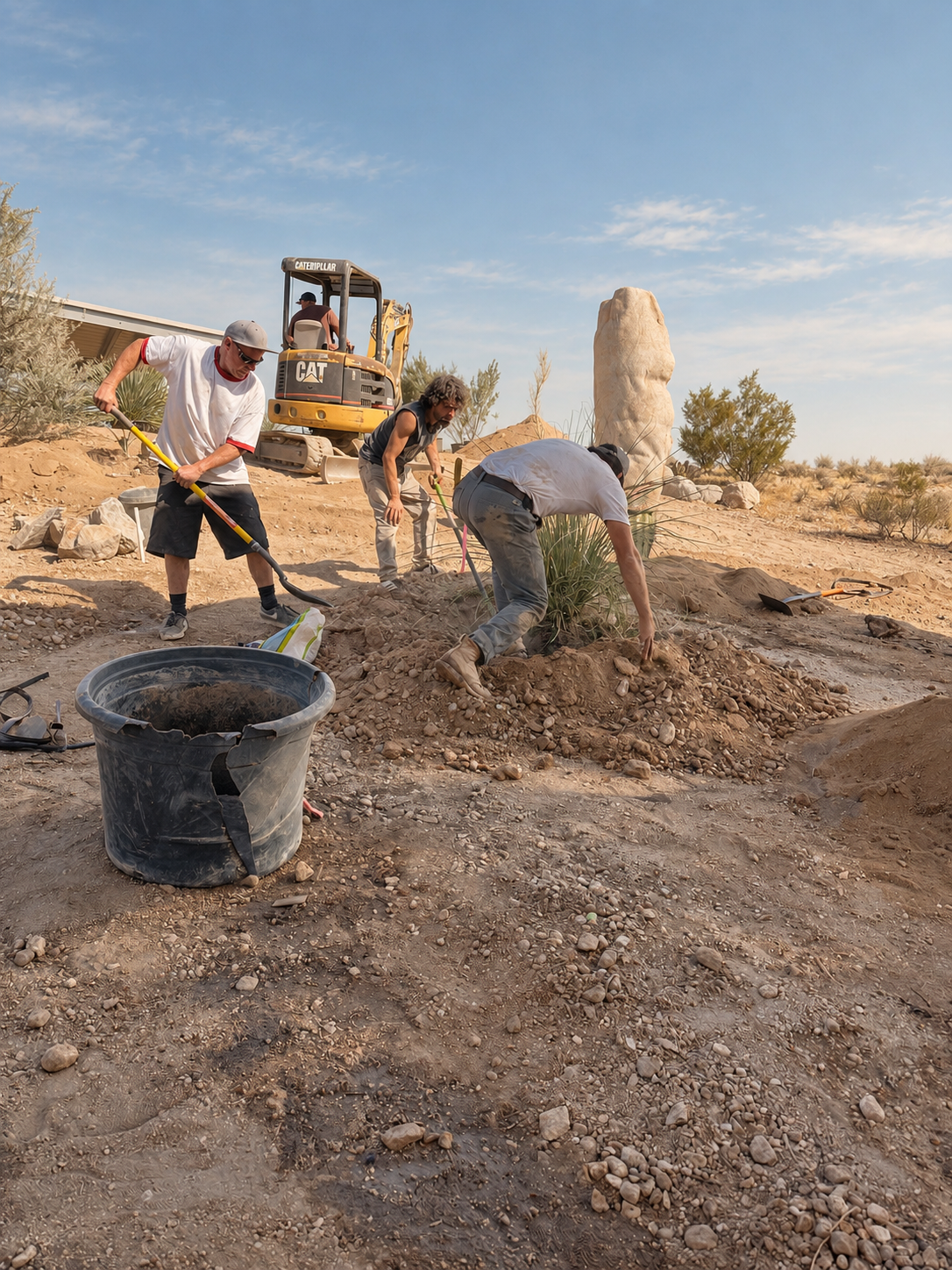 Two workers preparing rocky desert soil with shovels during the landscaping of Panorama House in Yucca Valley, with a grading tractor and Joshua trees in the background.