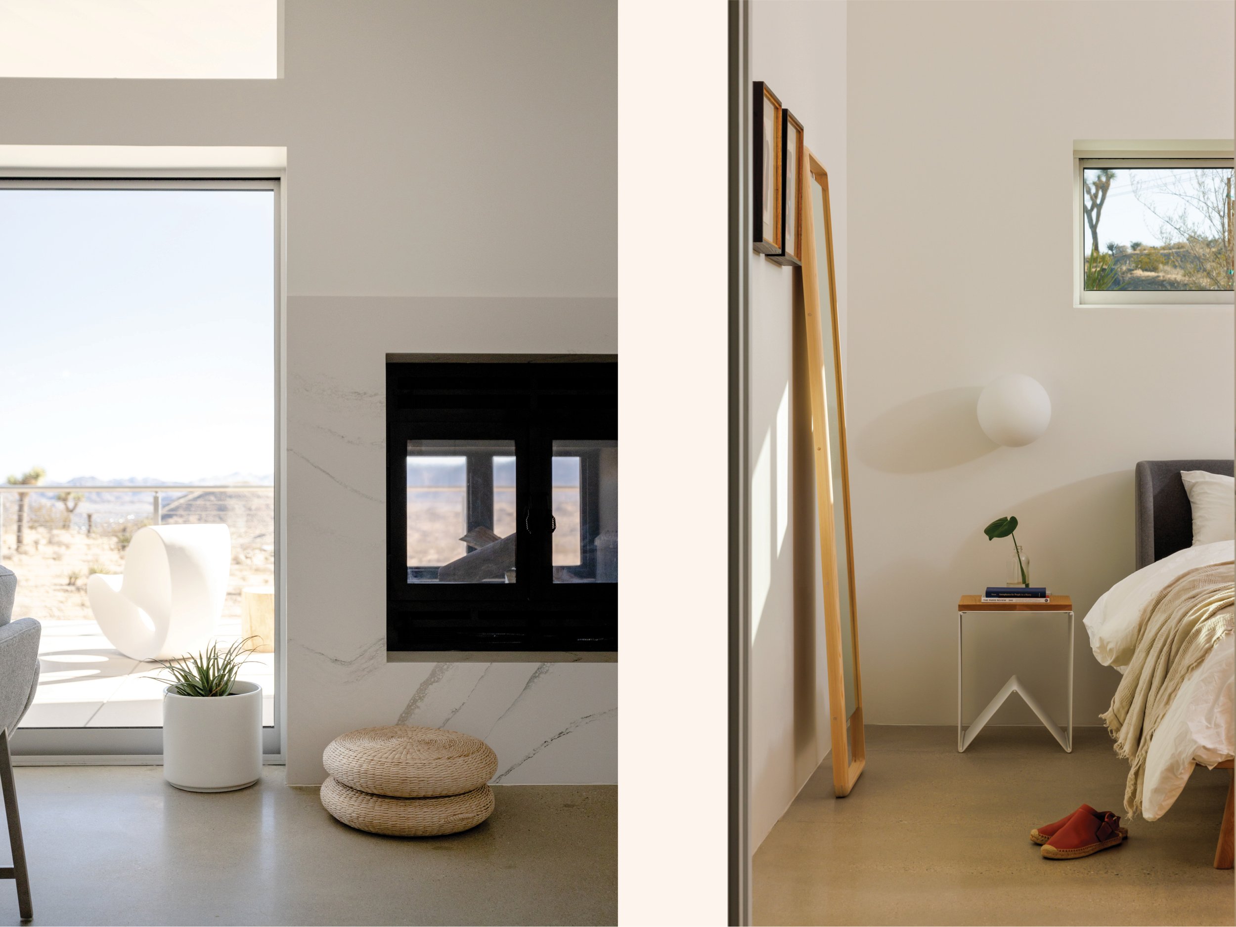 Interior details at Panorama House: an Acucraft indoor-outdoor fireplace overlooking the desert deck, and a bedroom with a handcrafted Japanese hinoki wood floor mirror, Flos Glo-Ball wall light, and Hale Mercantile linen bedding.