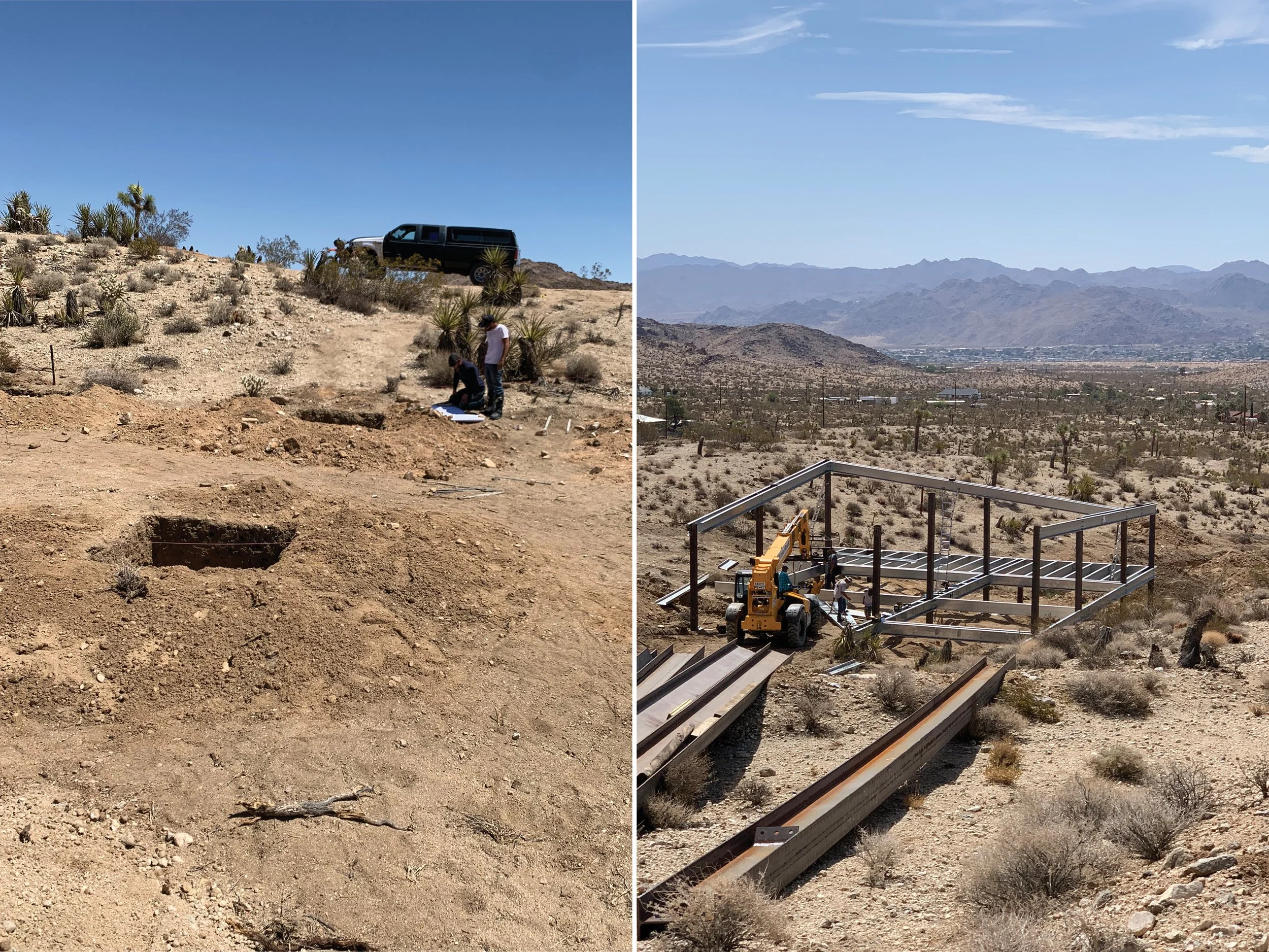 Early construction of Panorama House in Yucca Valley, showing desert site preparation and the Blue Sky Building Systems steel framework taking shape against the Mojave Desert mountains.
