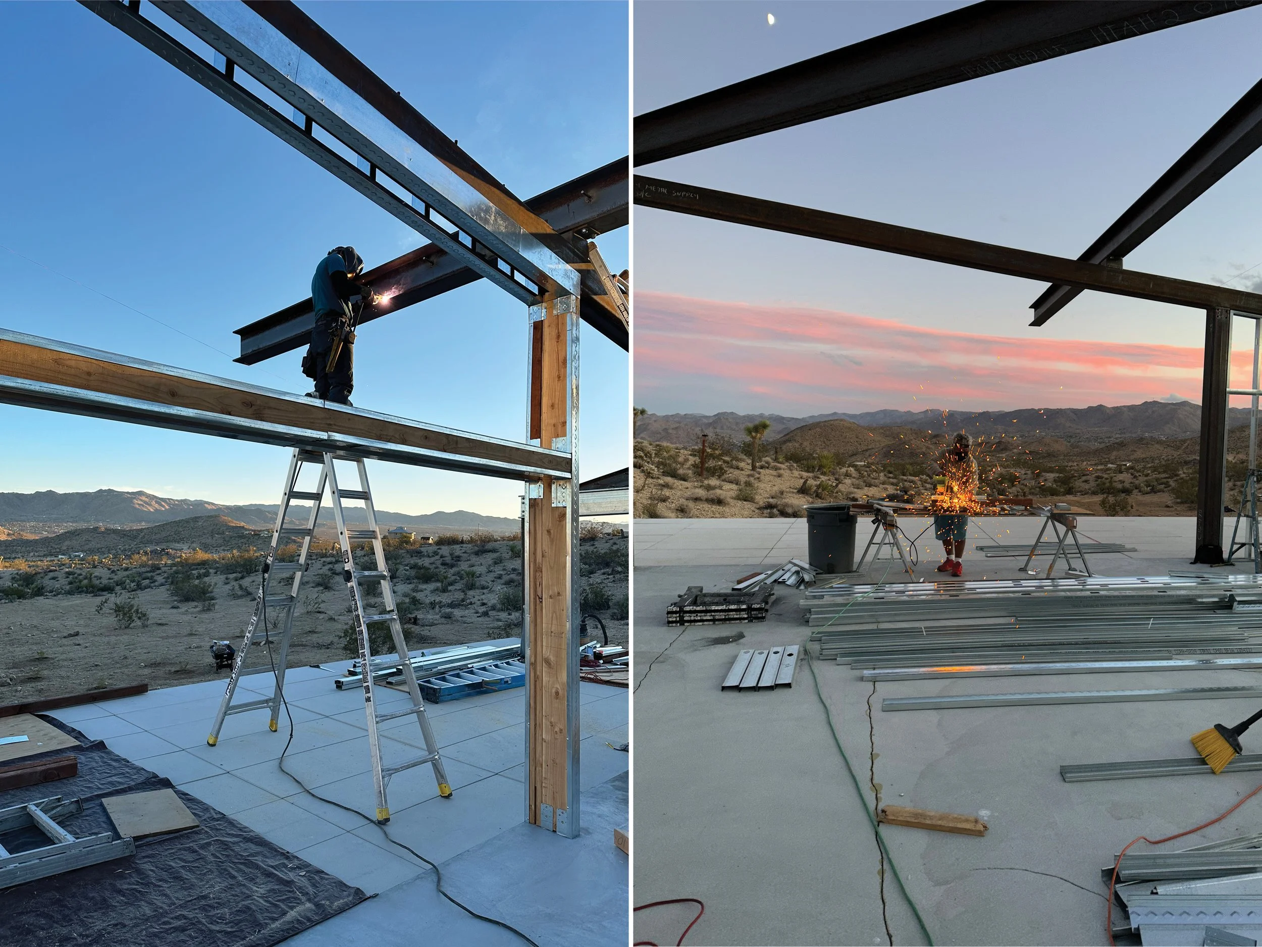 Construction of Panorama House in Yucca Valley, showing a metalworker installing structural steel beams and the exposed steel framework against the Mojave Desert mountains at sunset.