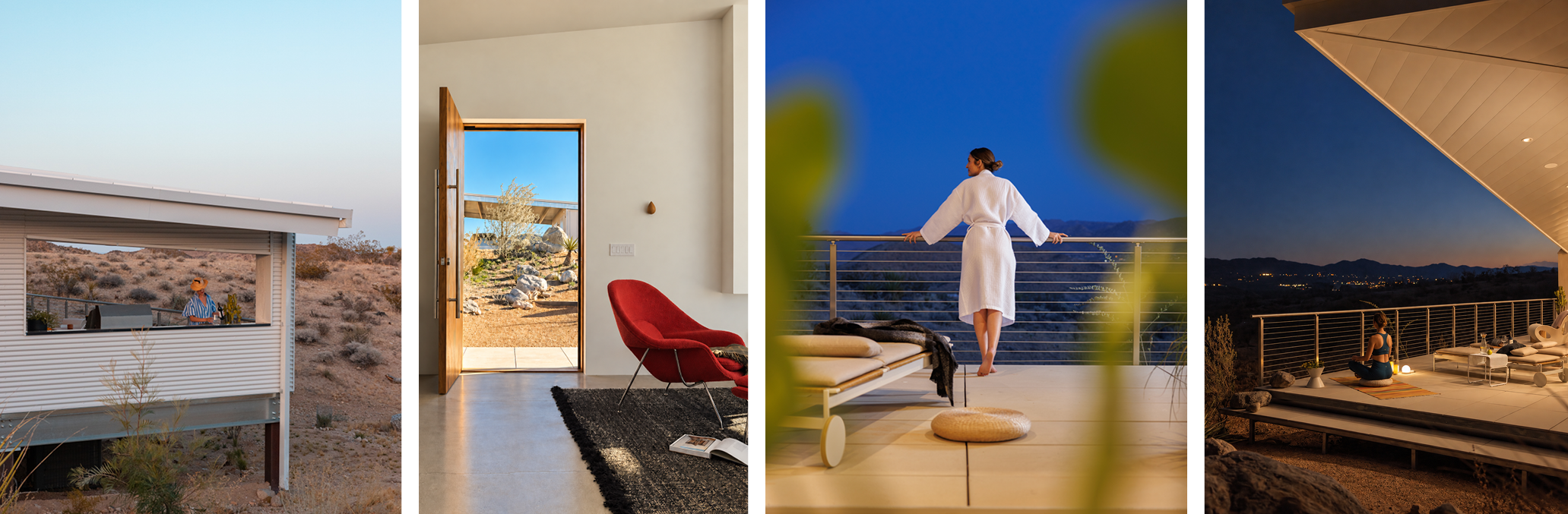 Four views of Panorama House: the modern exterior in the Mojave Desert, a sunlit interior with a red Womb Chair and open white oak pivot door, a guest beside the spa, and the illuminated deck at night.