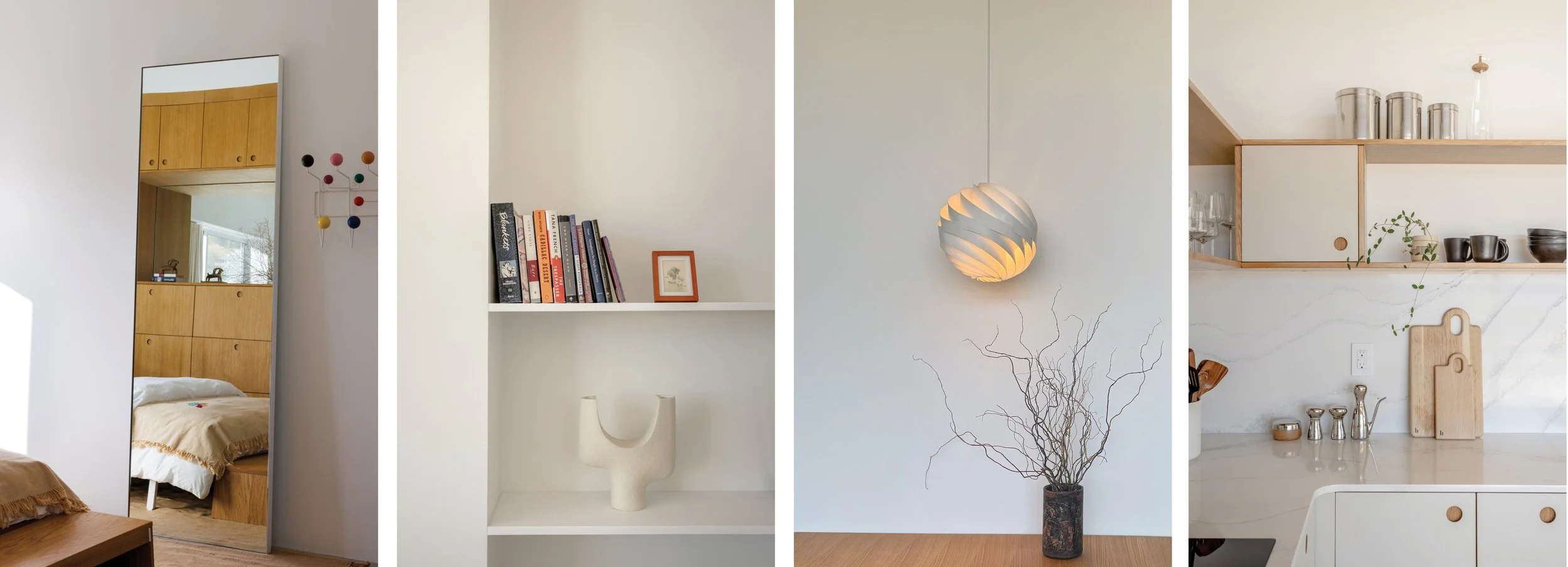 Interior design details at Panorama House featuring an Eames Hang-It-All rack, Clay Canoe ceramic sculpture, Louis Weisdorf Turbo pendant light, and Reform kitchen cabinetry with Georg Jensen tableware.
