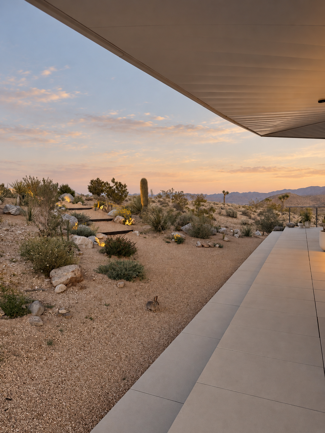 View beneath the cantilevered roof overhang at Panorama House, with a concrete walkway extending alongside native Mojave Desert landscaping and distant mountains at sunset.