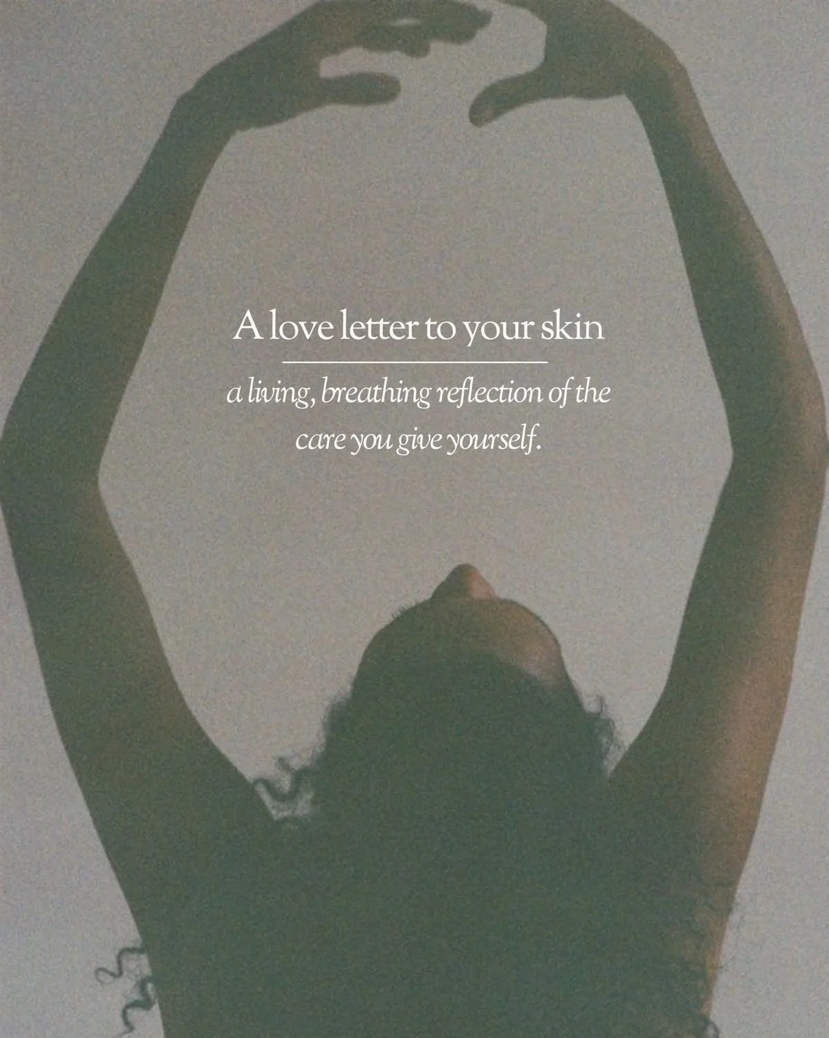 Silhouette of a woman with curly hair and glasses, holding her arms in a circular shape above her head, with a quote about skincare and self-care in the center.