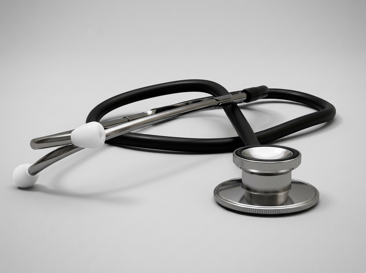 Black and silver stethoscope with white ear tips lying on a plain gray background.