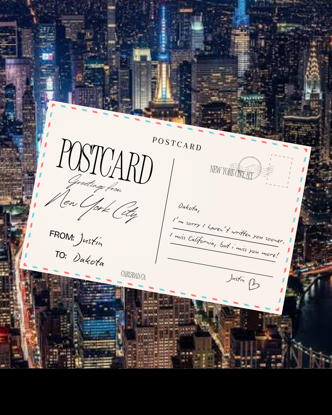 A postcard with a New York City theme floating above a city skyline at night.