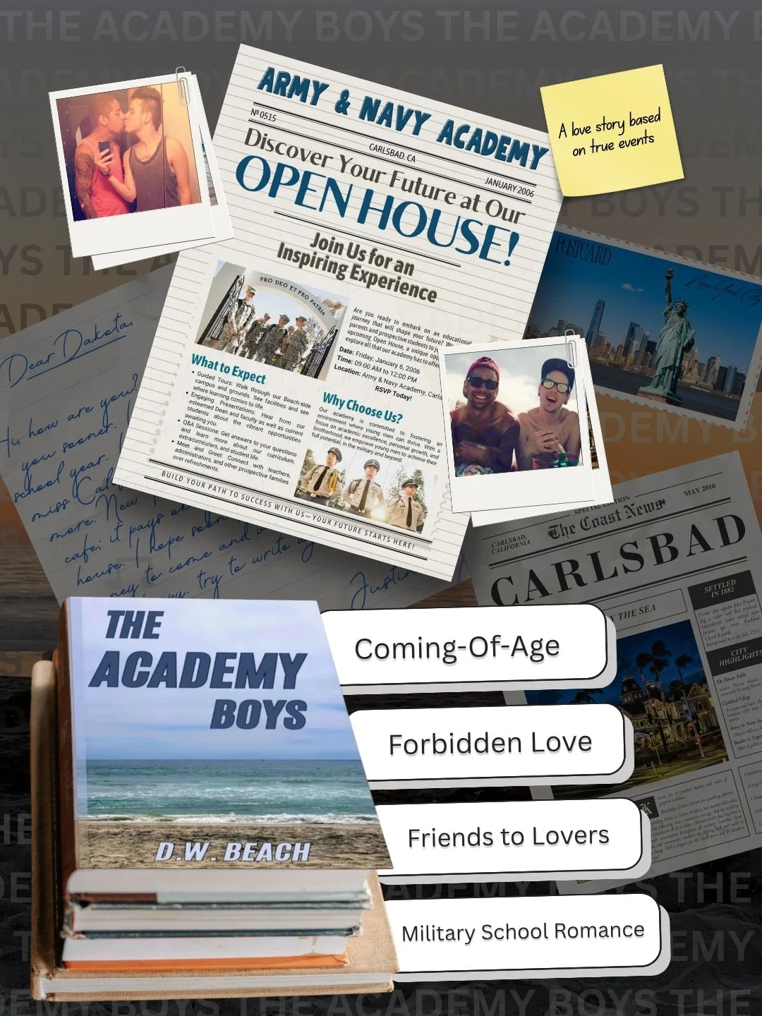 Display of promotional materials, photographs, and books related to Army & Navy Academy and themes like youth romance, friendship, and military school romance, including a book titled 'The Academy Boys' by D.W. Beach.