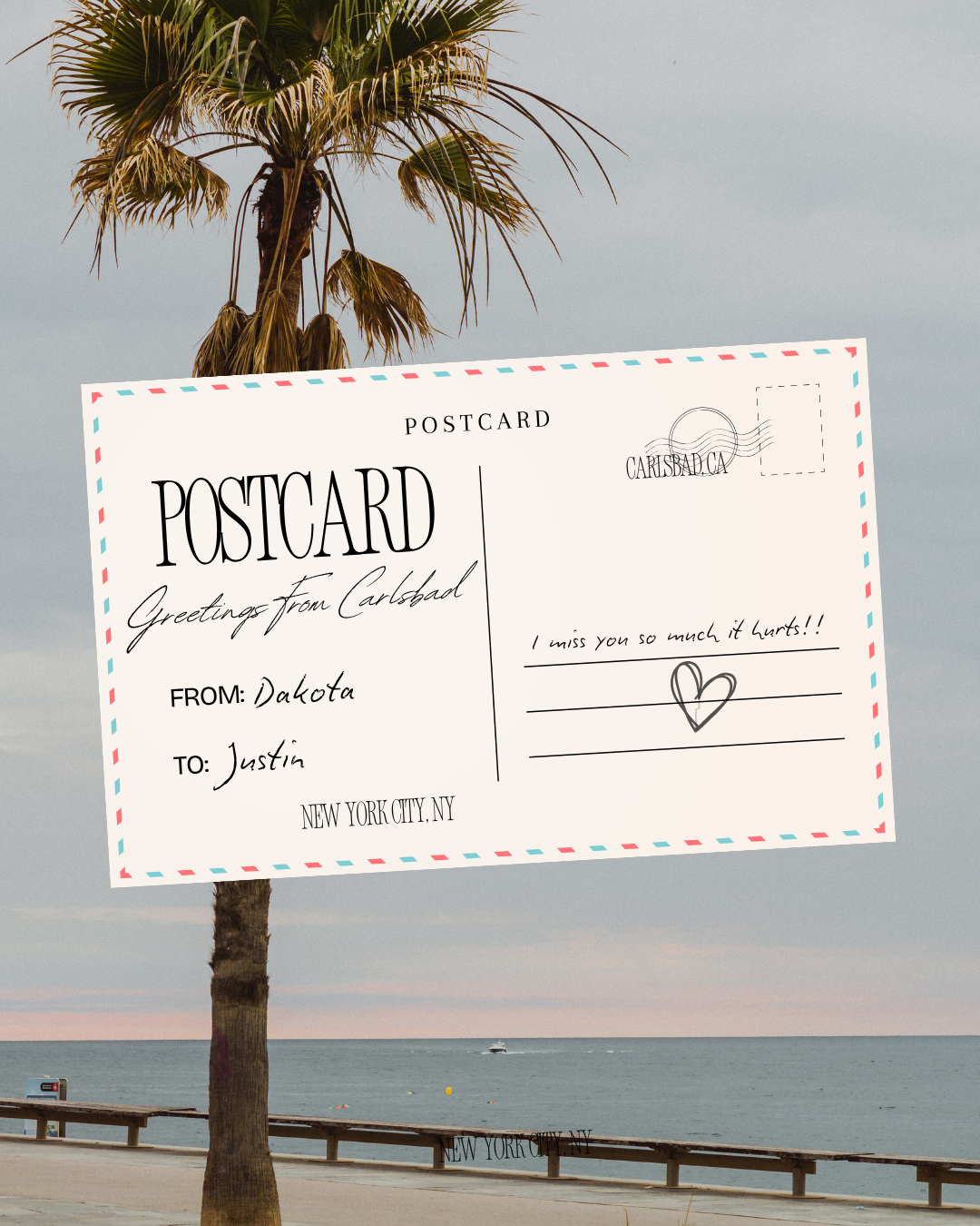A postcard with a palm tree background. The postcard has stamps and written messages, including 'Greetings from Carlsbad,' from Dakota to Justin in New York City, NY.